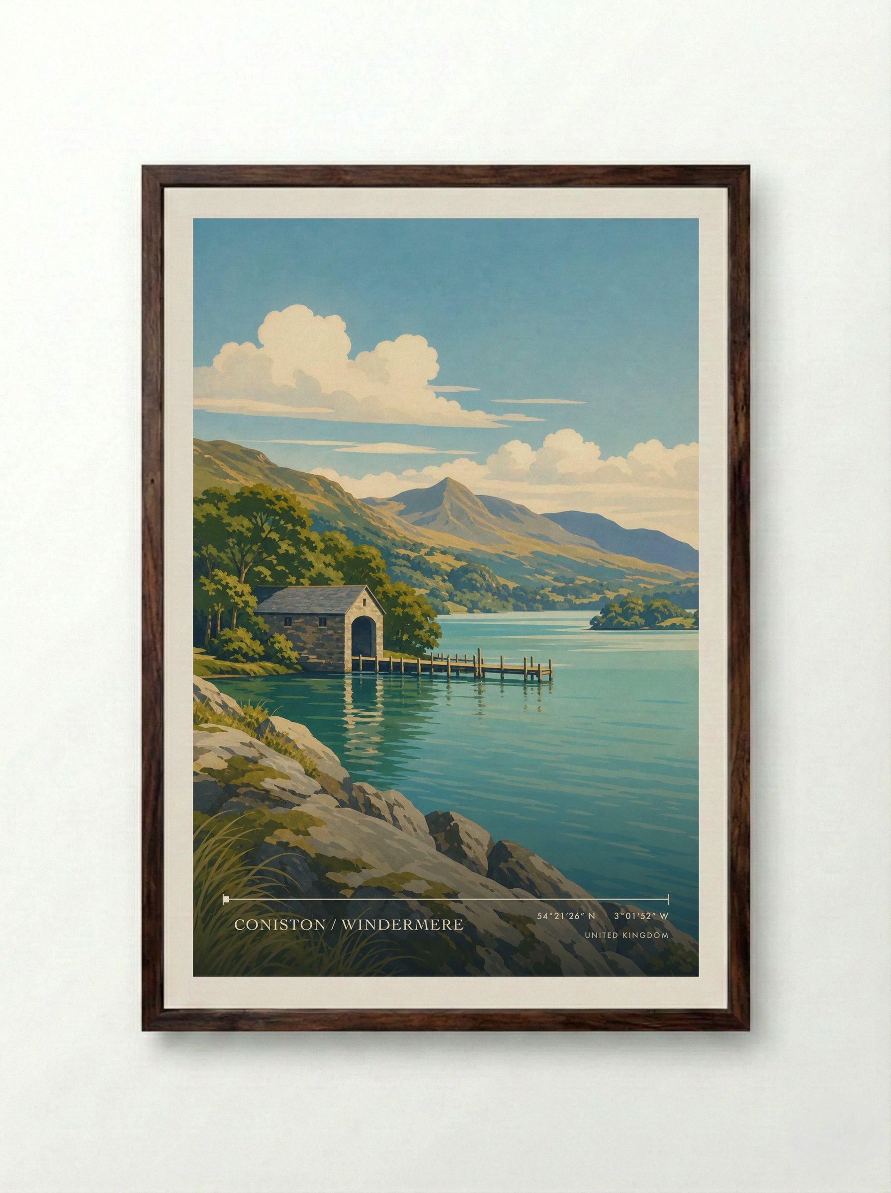 Coniston / Windermere United Kingdom Travel Poster - Framed Print Dark Wood