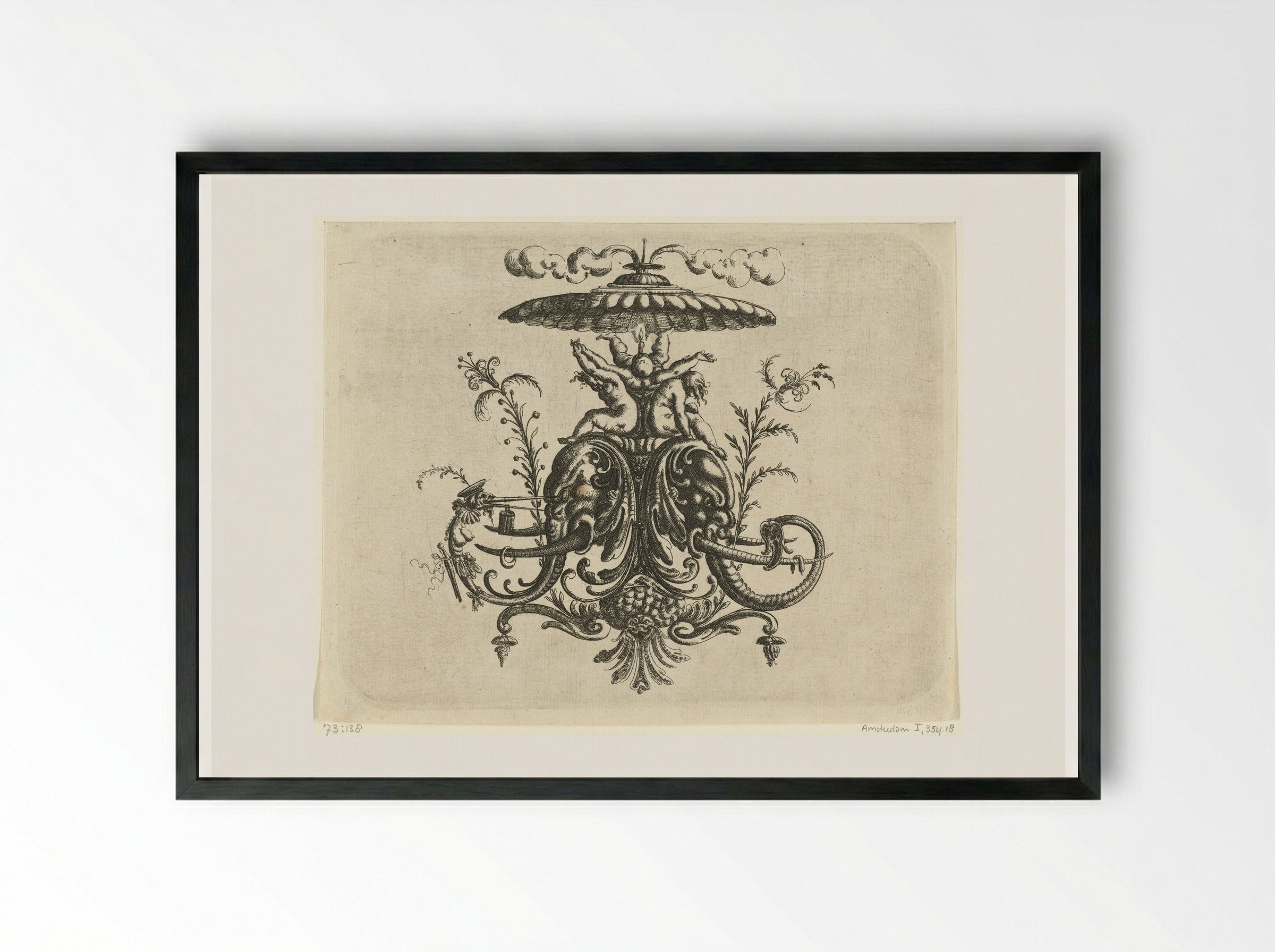 Console with Two Elephant Heads - Christoph Jamnitzer - Framed Print Black