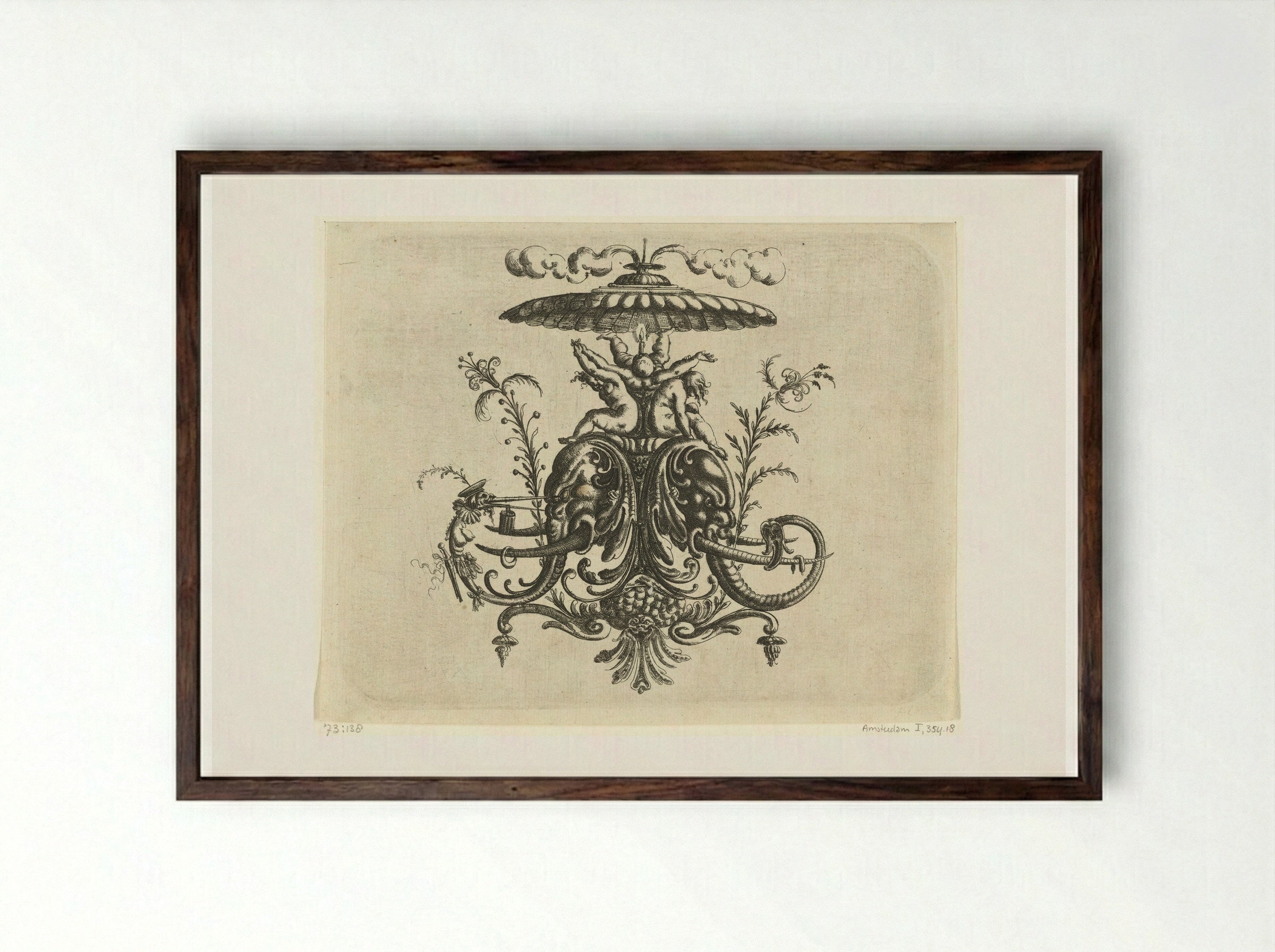 Console with Two Elephant Heads - Christoph Jamnitzer - Framed Print Dark Wood