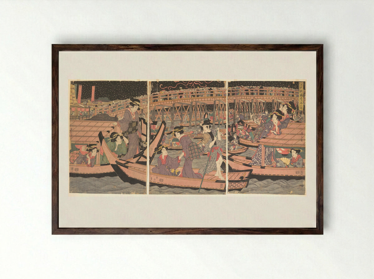 Cooling Off at Ryogoku in Edo - Kikugawa Eizan - Framed Print Dark Wood