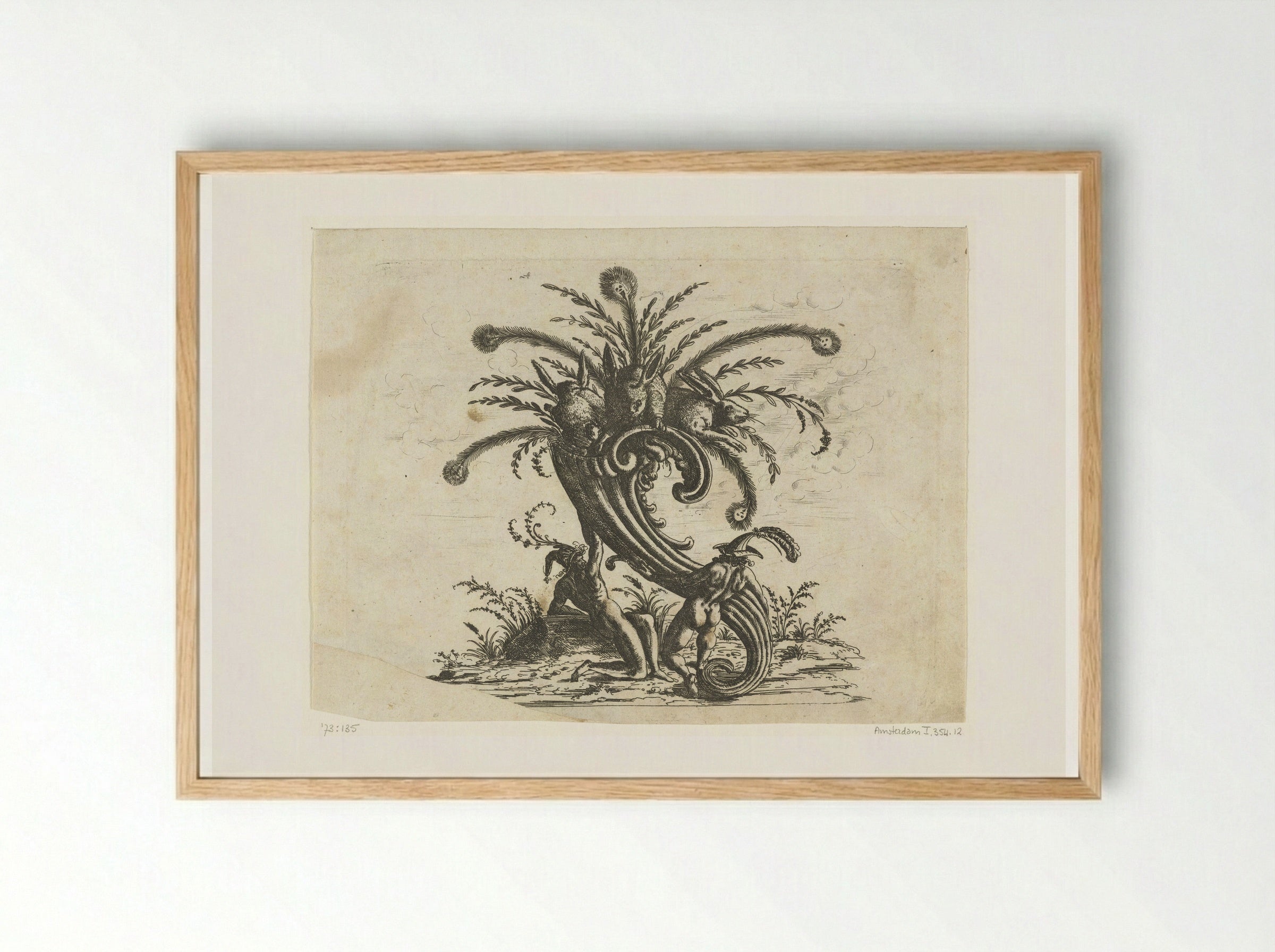 Cornucopia with Three Rabbits - Christoph Jamnitzer - Framed Print Wood