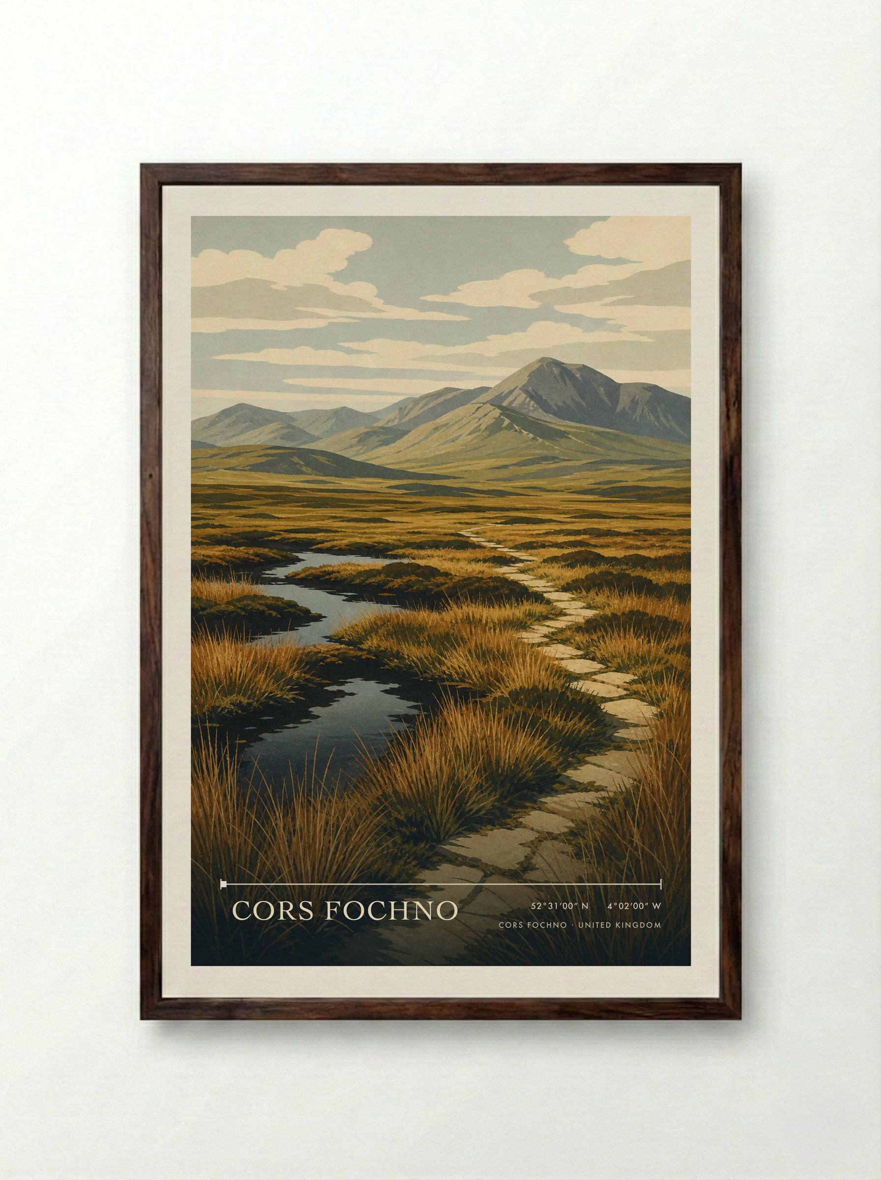 Cors Fochno United Kingdom Travel Poster - Framed Print Dark Wood