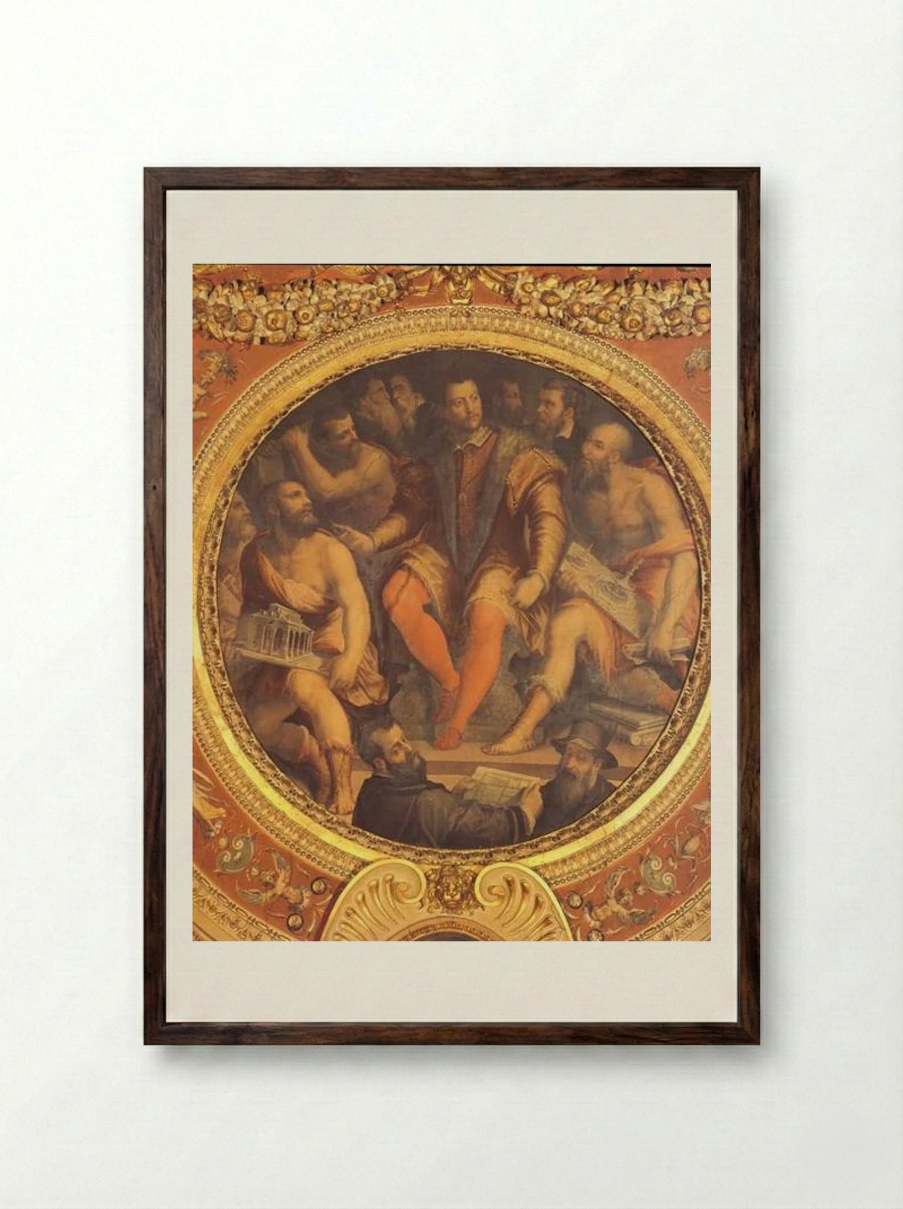 Cosimo I de Medici surrounded by his Architects, Engineers and Sculptors - Giorgio Vasari - Framed Print Dark Wood