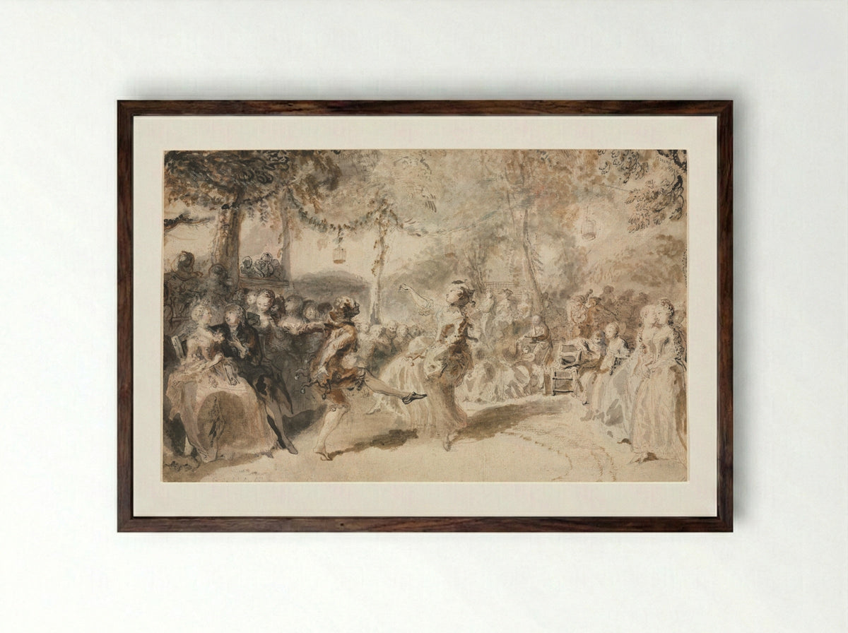 Costumed Dancers Performing in a Garden Tavern - Gabriel de Saint-Aubin - Framed Print Dark Wood