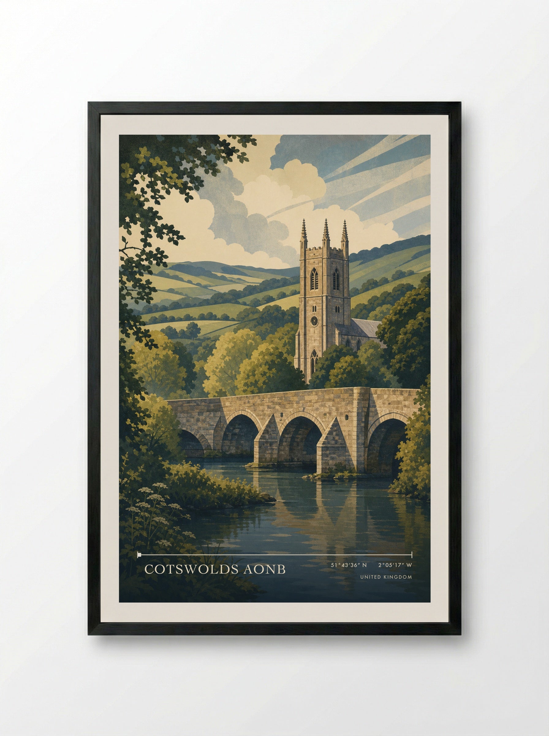 Cotswolds AONB United Kingdom Travel Poster - Framed Print Black