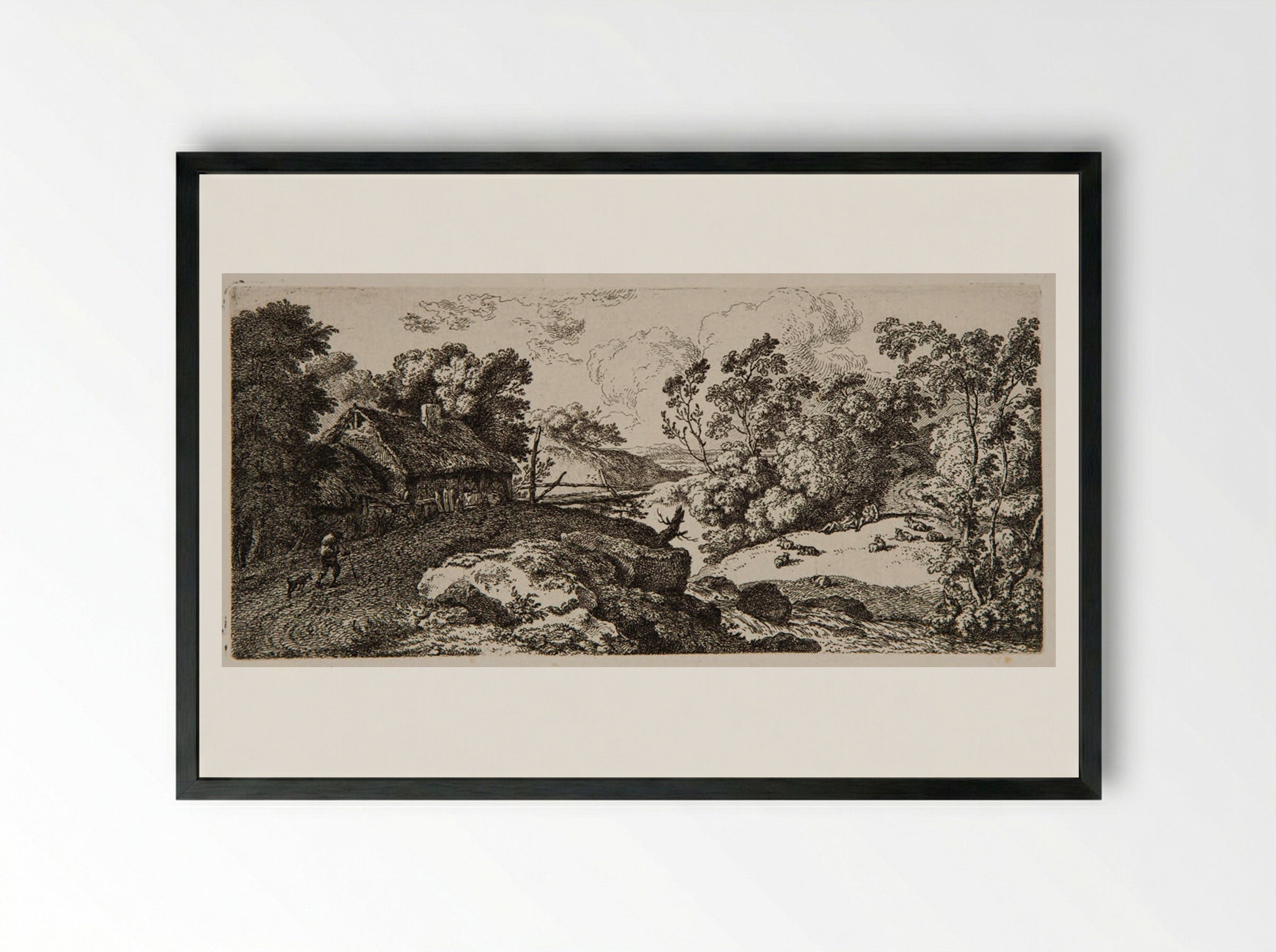 Cottage by a Bridge - Ferdinand Kobell - Framed Print Black