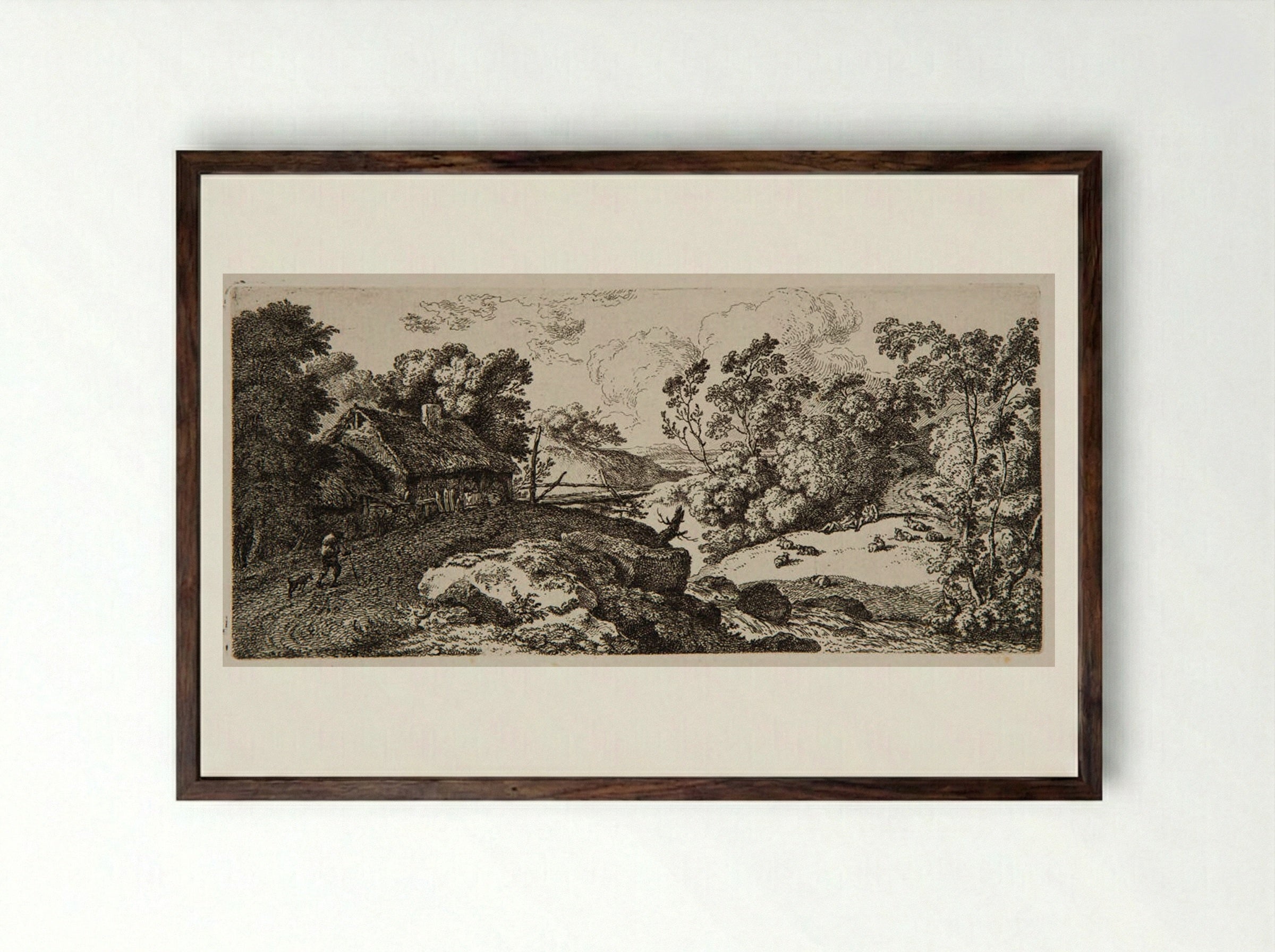 Cottage by a Bridge - Ferdinand Kobell - Framed Print Dark Wood