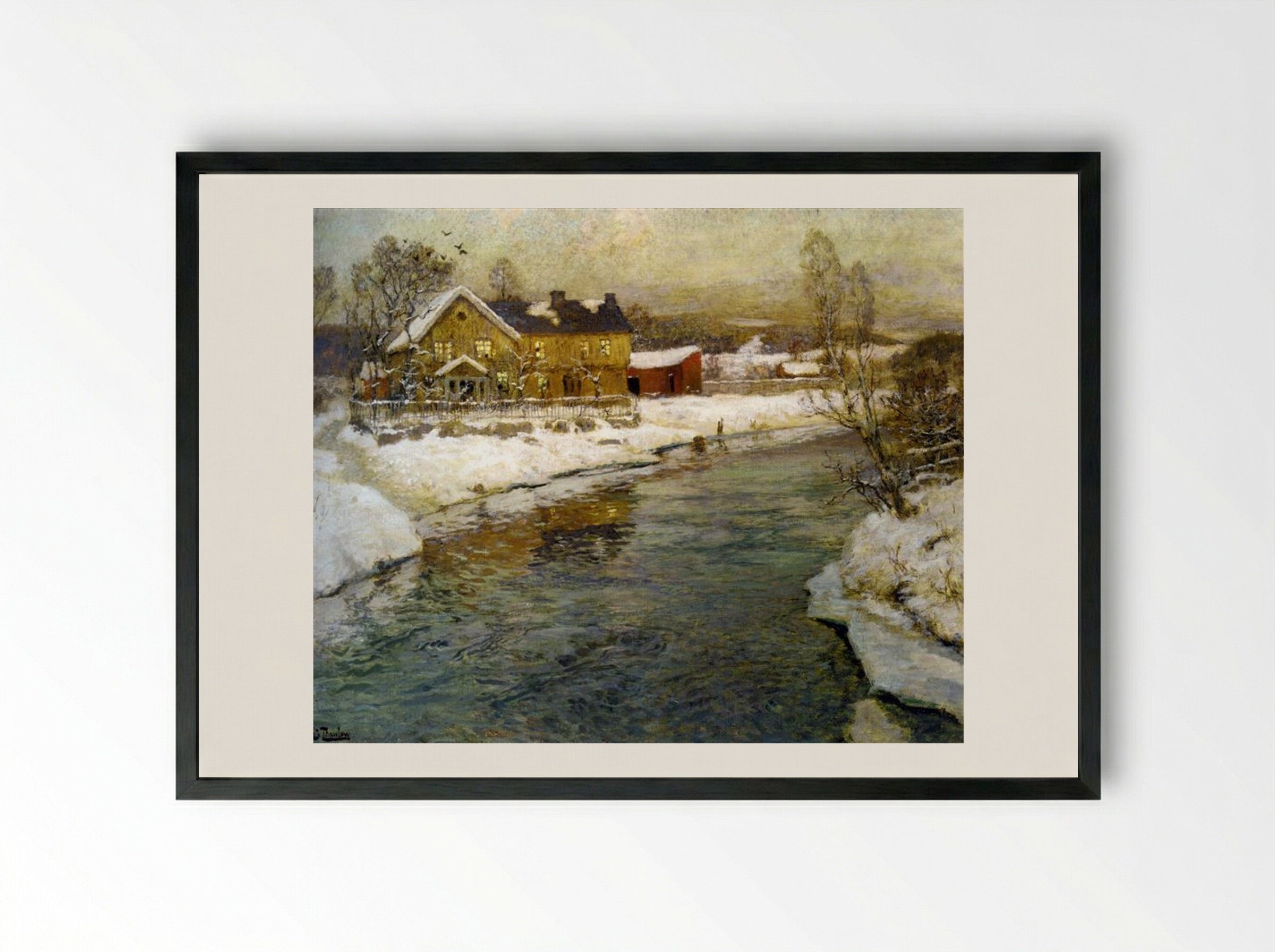 Cottage by a Canal in the Snow - Frits Thaulow - Framed Print Black
