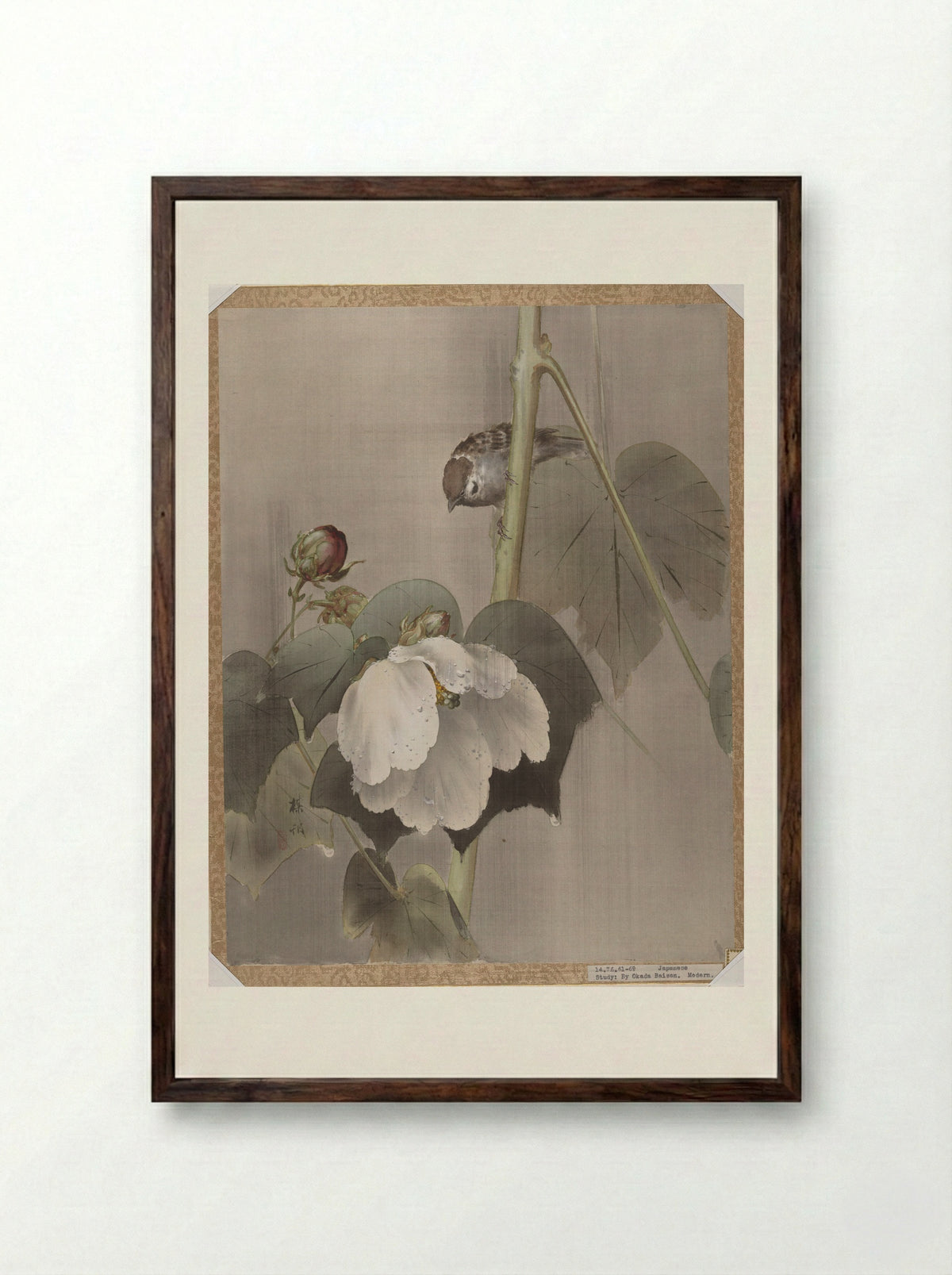 Cotton Rose Mallows in the Rain - Okada Baison - Framed Print Dark Wood