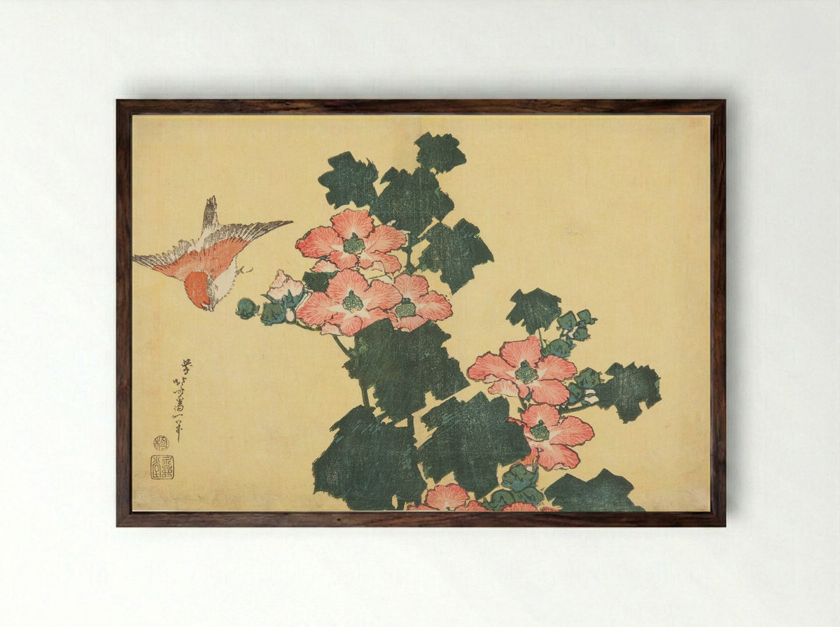 Cotton Roses and Sparrow - Katsushika Hokusai - Framed Print Dark Wood