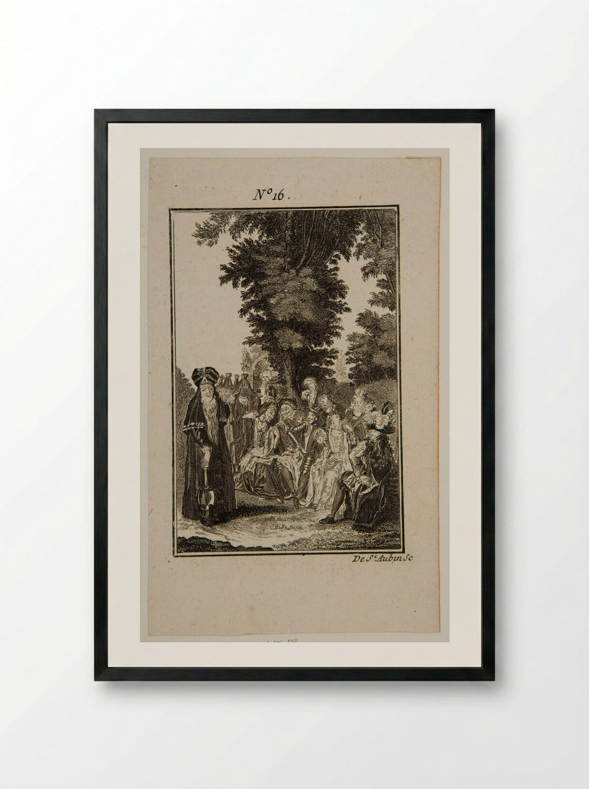 Countess Trifaldi and the dueñas display their beards - Augustin de Saint-Aubin - Framed Print Black