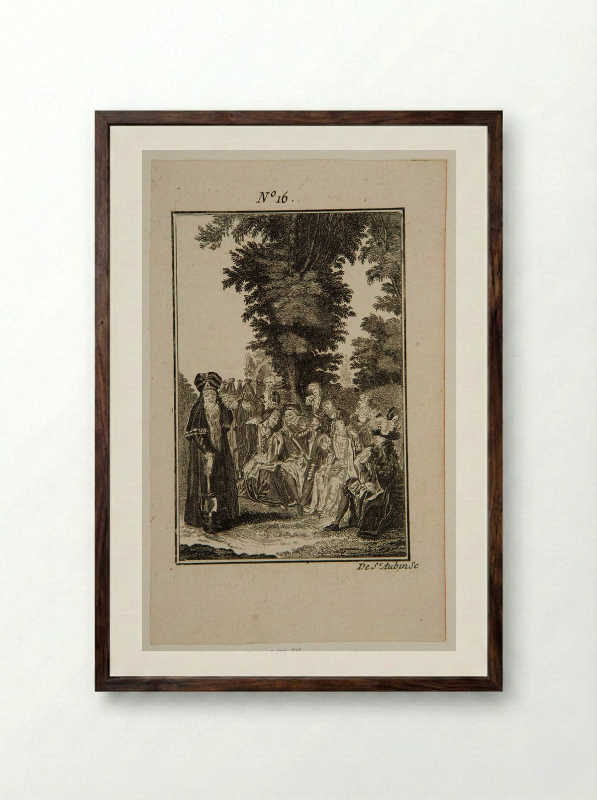 Countess Trifaldi and the dueñas display their beards - Augustin de Saint-Aubin - Framed Print Dark Wood