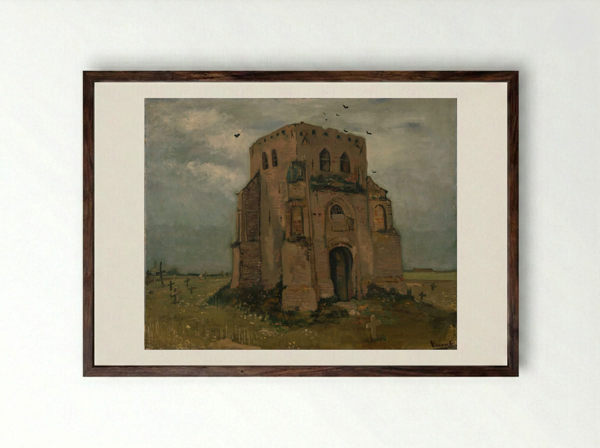 Country Churchyard and Old Church Tower - Vincent van Gogh - Framed Print Dark Wood