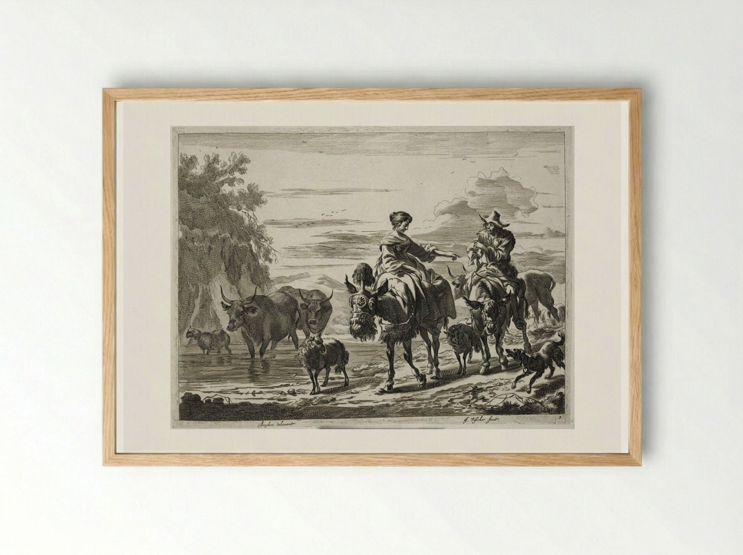 Couple, Each Riding a Donkey - Johannes Visscher - Framed Print Wood