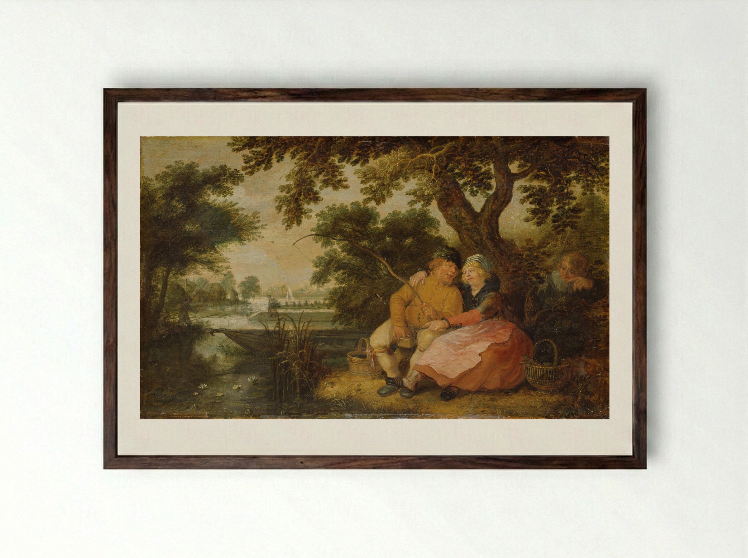 Couple Fishing by a River - David Vinckboons - Framed Print Dark Wood