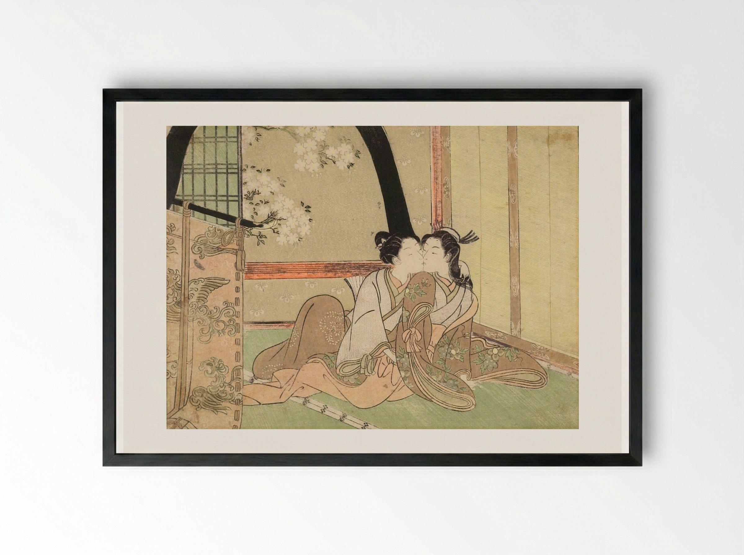 Couple behind a Standing Curtain - Suzuki Harunobu - Framed Print Black