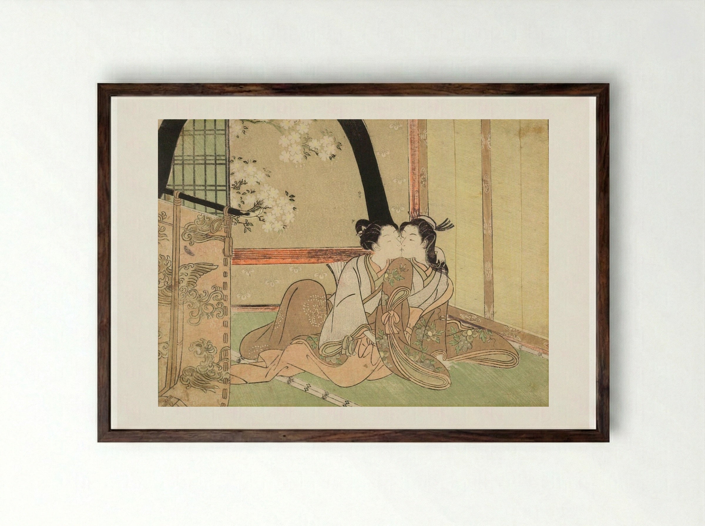 Couple behind a Standing Curtain - Suzuki Harunobu - Framed Print Dark Wood