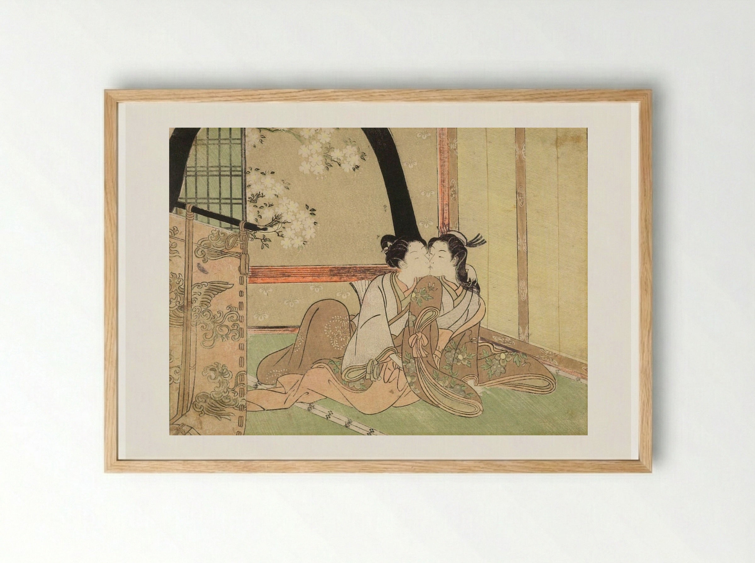 Couple behind a Standing Curtain - Suzuki Harunobu - Framed Print Wood