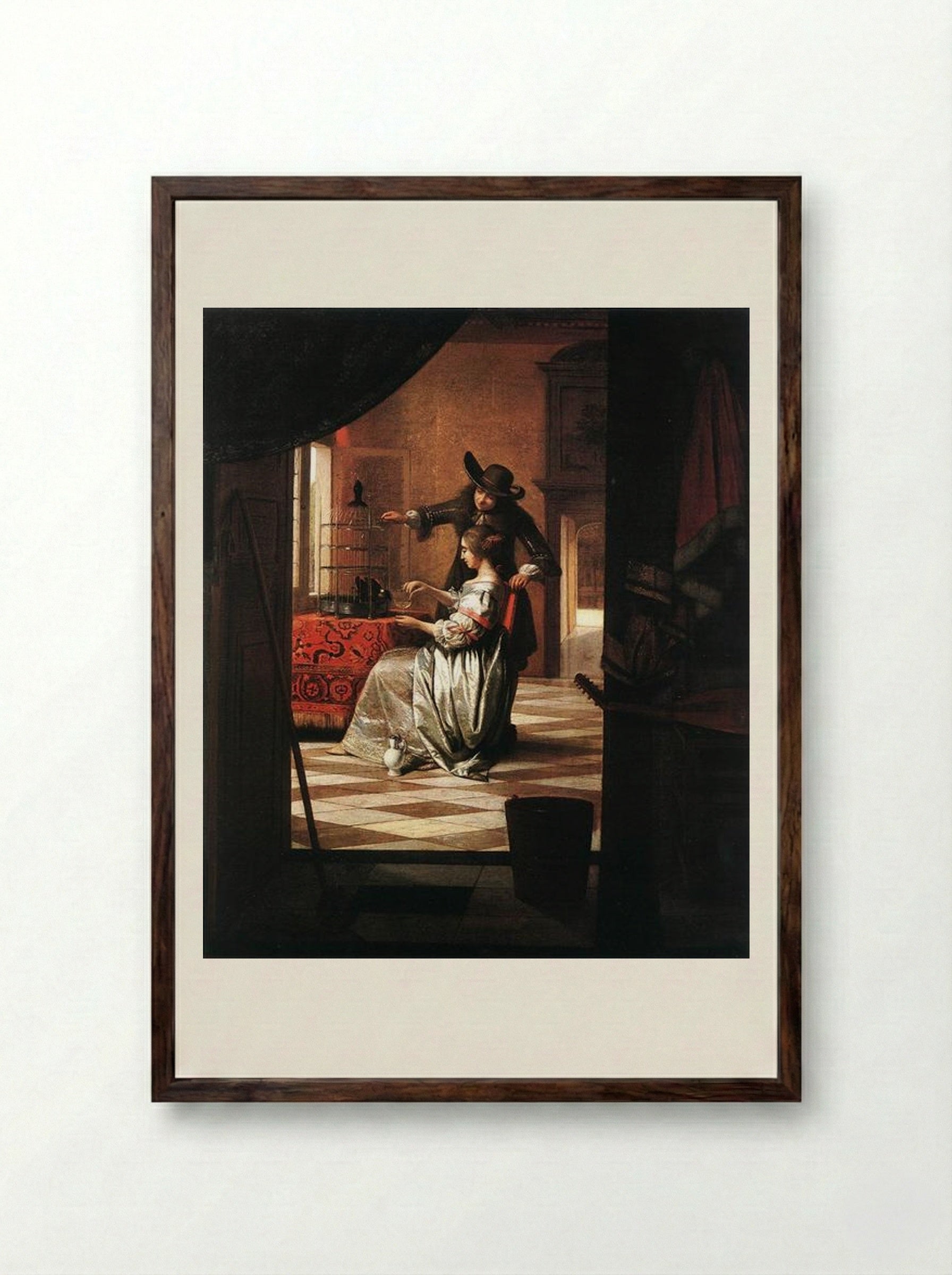 Couple with Parrot - Pieter de Hooch - Framed Print Dark Wood