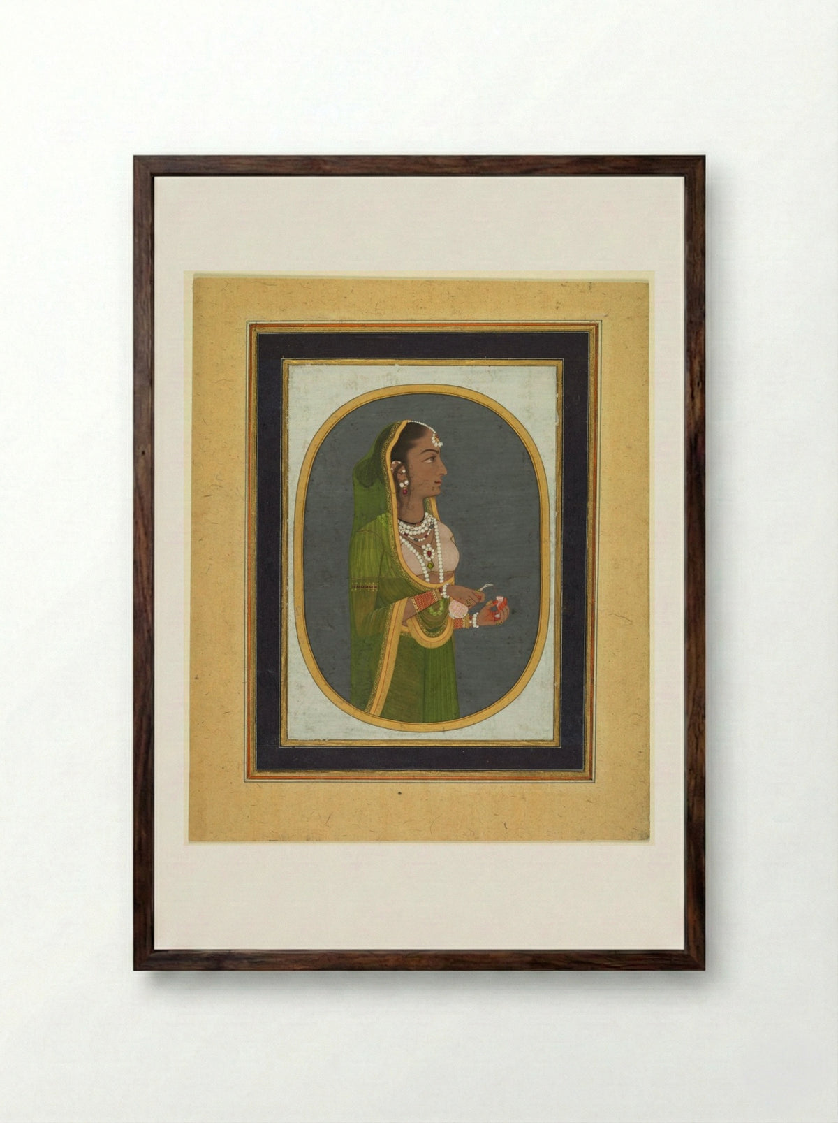 Court Lady Pouring Wine - Muhammad Rizavi Hindi - Framed Print Dark Wood