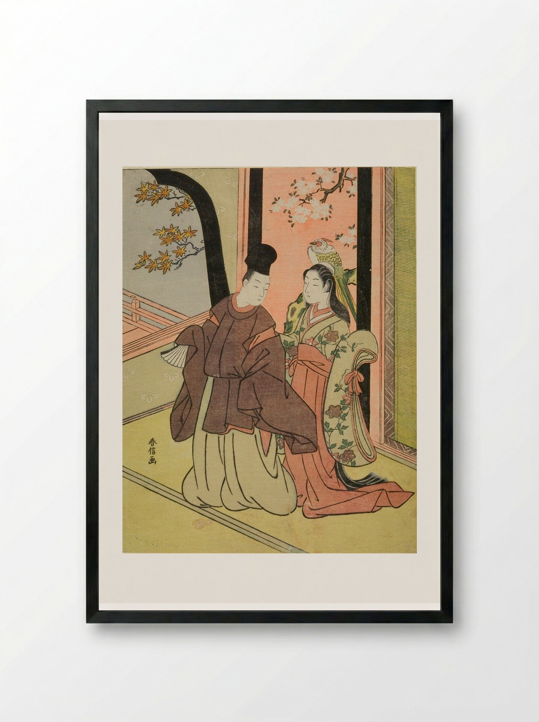 Court Lady and Young Noble (Ono no Komachi & Ariwara no Narihira?) - Suzuki Harunobu - Framed Print Black
