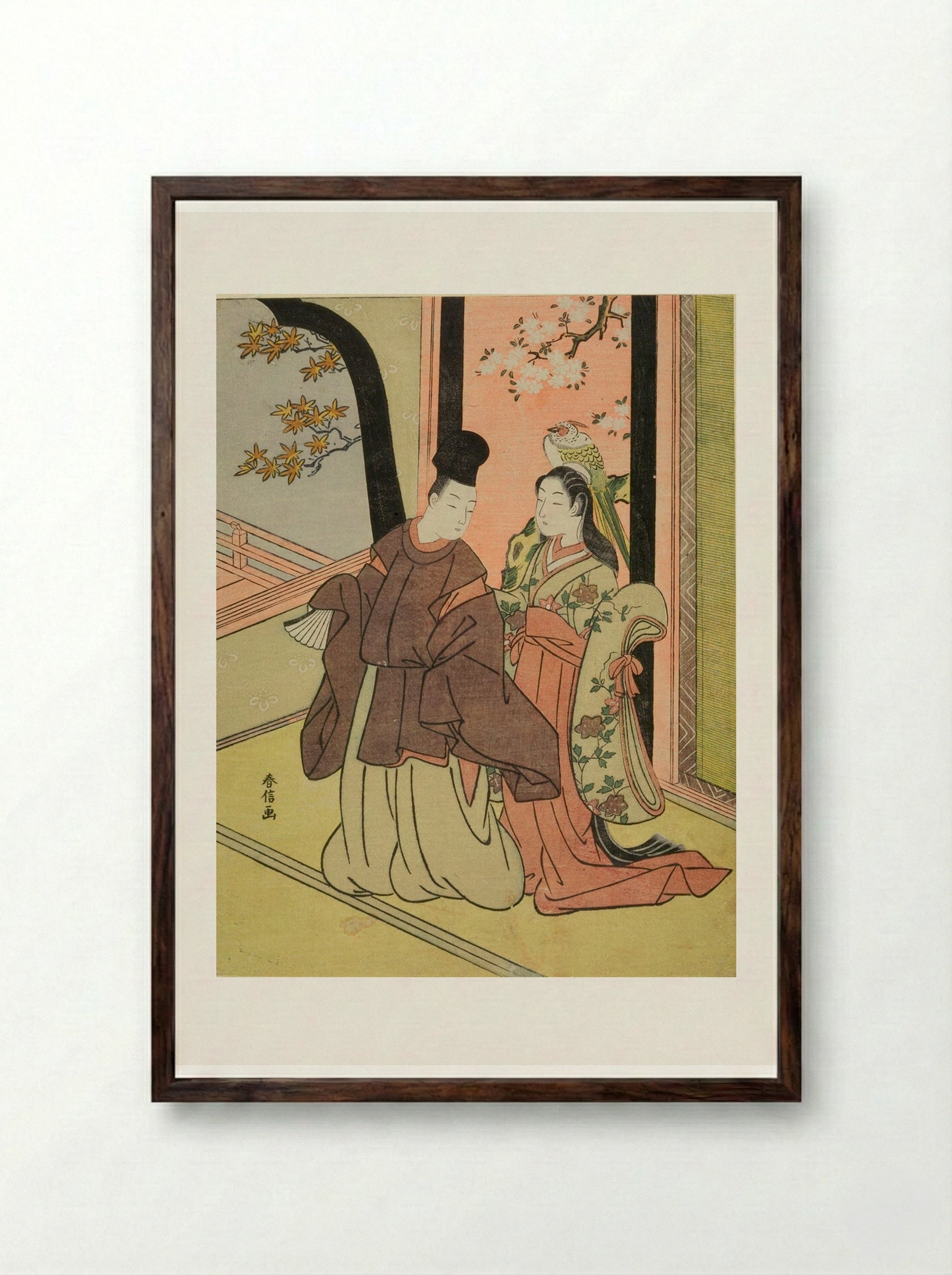 Court Lady and Young Noble (Ono no Komachi & Ariwara no Narihira?) - Suzuki Harunobu - Framed Print Dark Wood