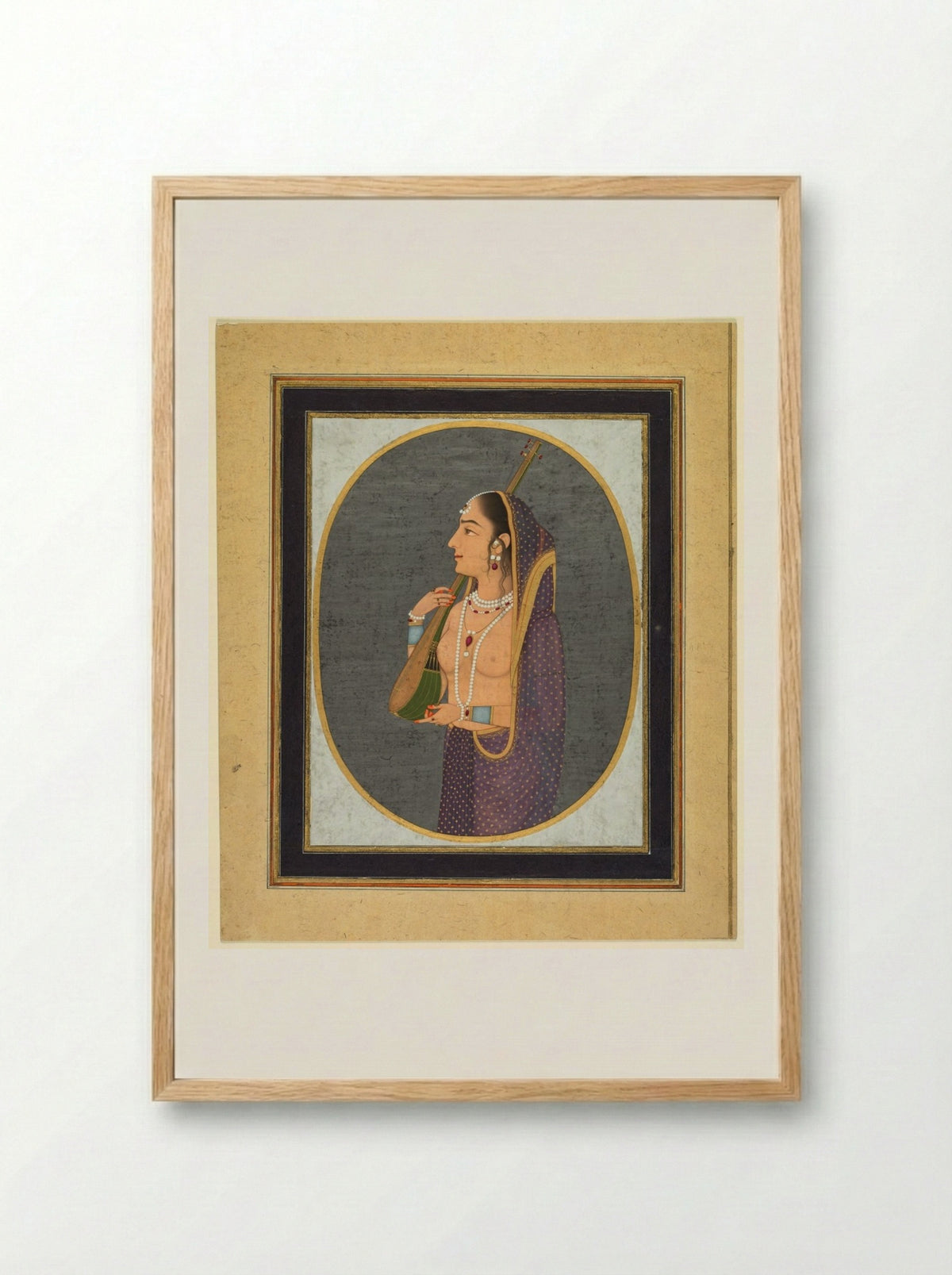 Court lady singing and playing the vina - Muhammad Rizavi Hindi - Framed Print Wood