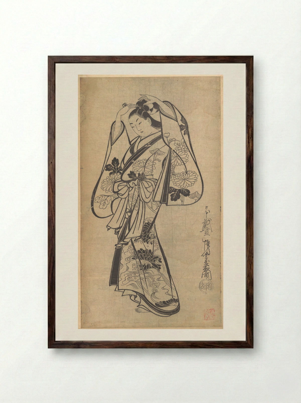 Courtesan Placing a Hairpin in Her Hair - Kaigetsudō Anchi - Framed Print Dark Wood