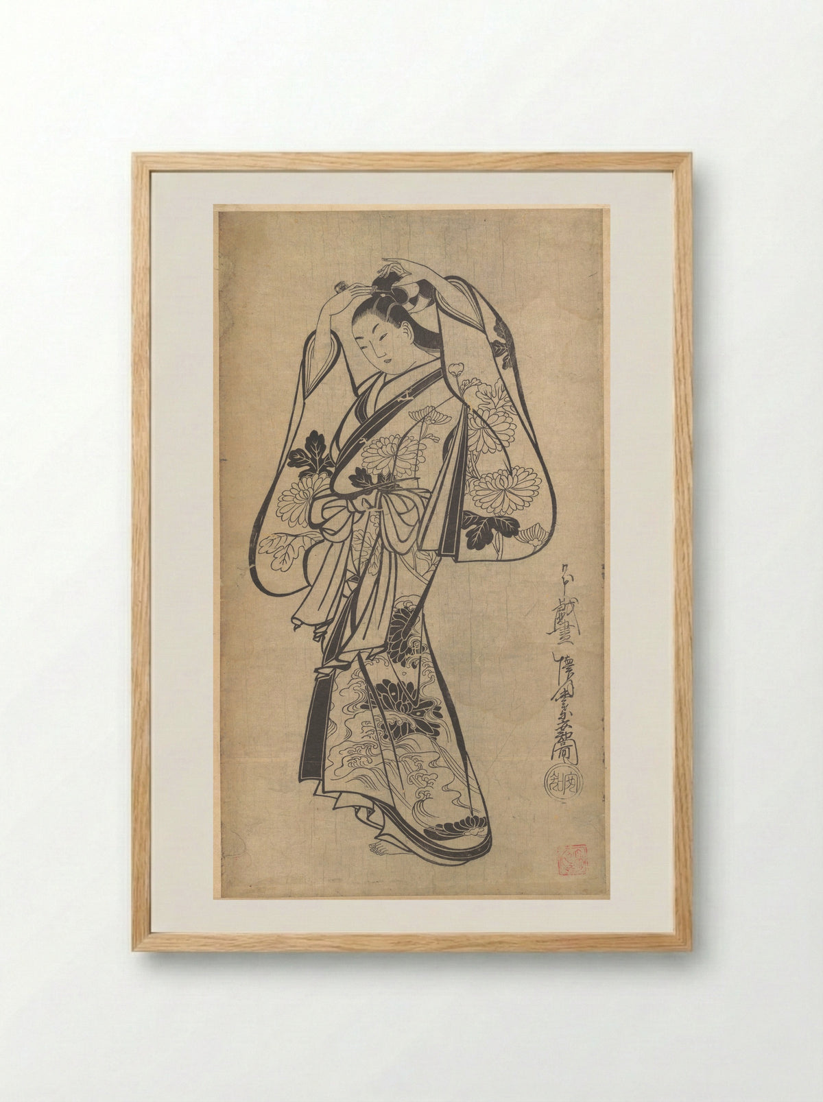 Courtesan Placing a Hairpin in Her Hair - Kaigetsudō Anchi - Framed Print Wood