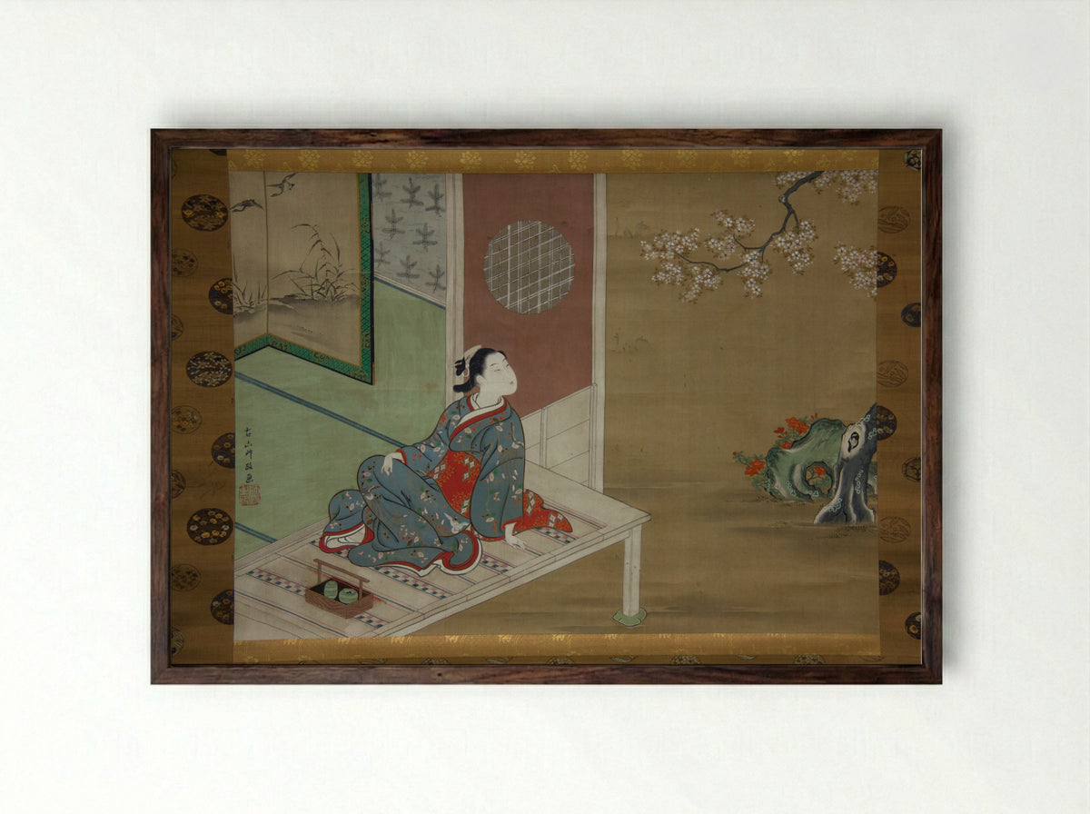 Courtesan Resting on the Veranda - Furuyama Moromasa - Framed Print Dark Wood