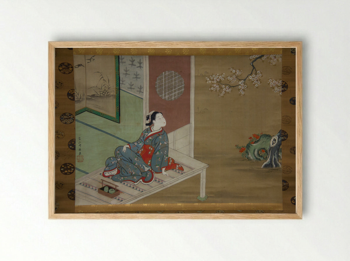 Courtesan Resting on the Veranda - Furuyama Moromasa - Framed Print Wood