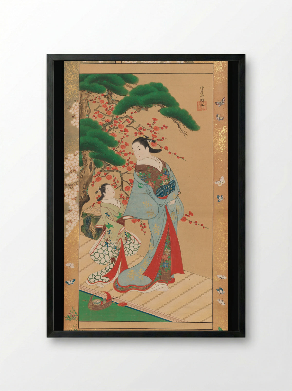Courtesan and Attendant in Early Spring - Kakondō - Framed Print Black