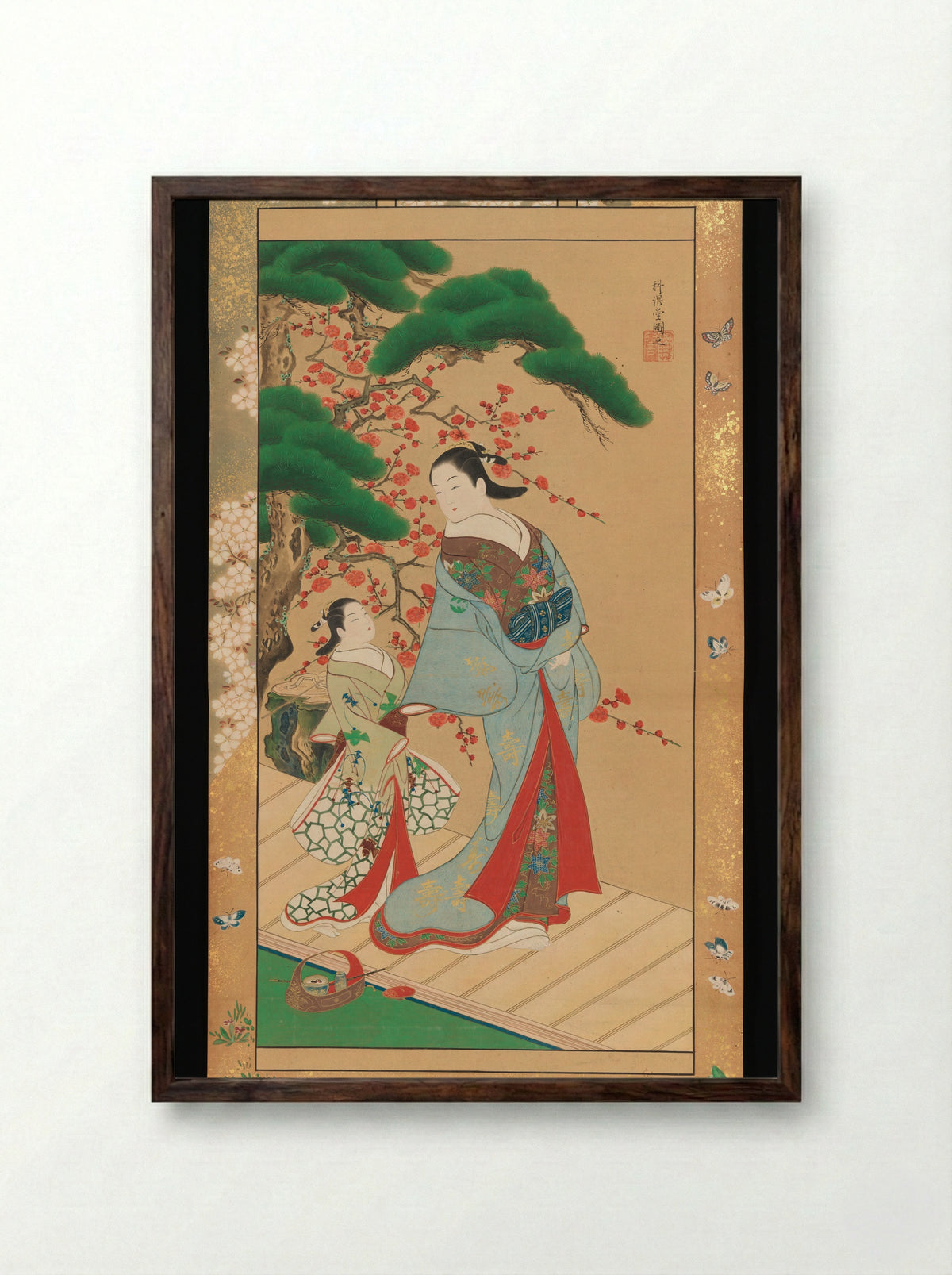 Courtesan and Attendant in Early Spring - Kakondō - Framed Print Dark Wood