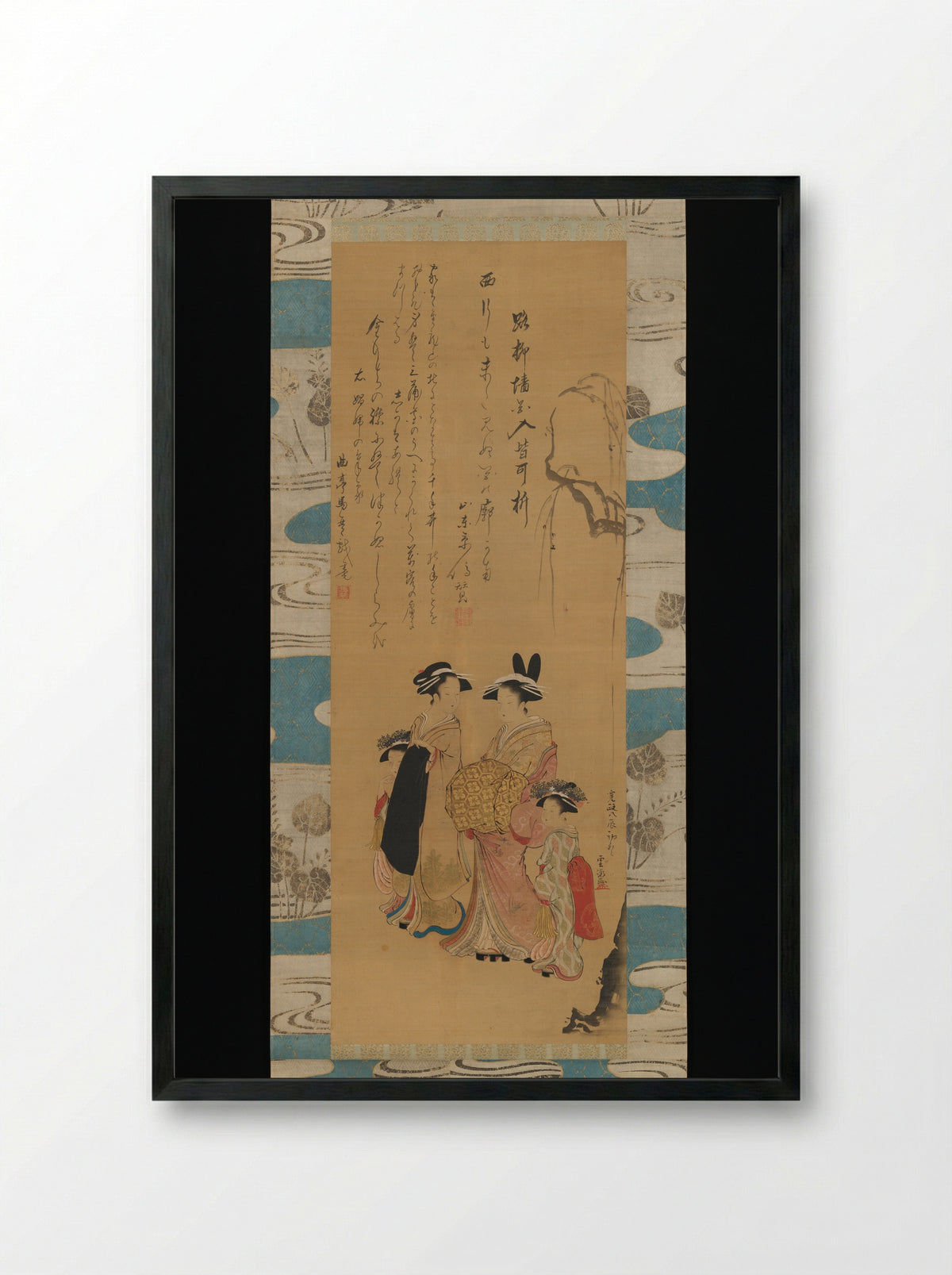 Courtesan and her Attendants under a Willow Tree - Unchō - Framed Print Black