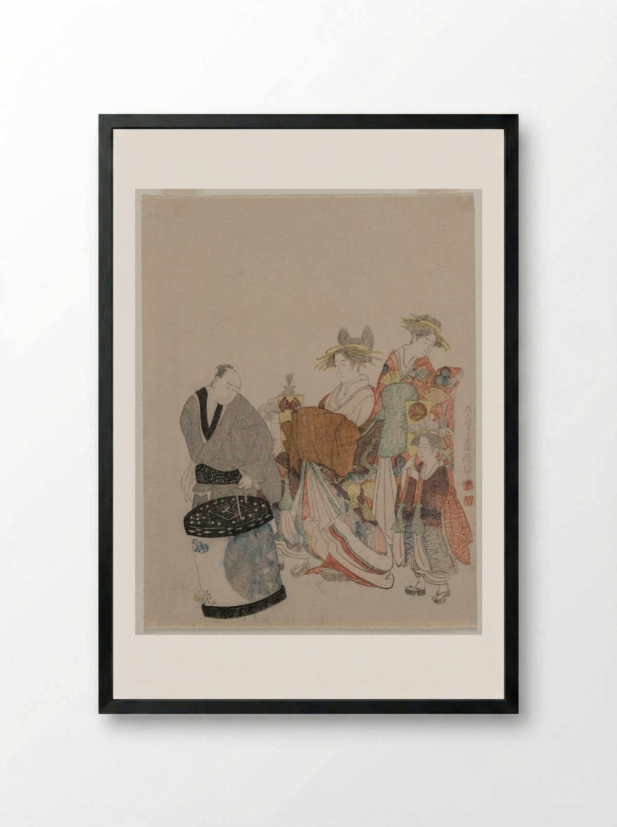 Courtesan on the Town with Attendants at Night - Kubo Shunman - Framed Print Black