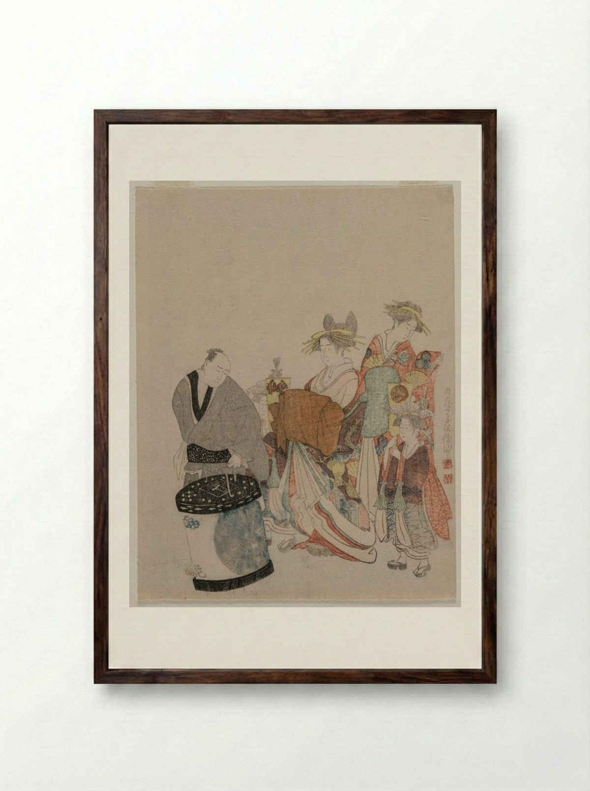 Courtesan on the Town with Attendants at Night - Kubo Shunman - Framed Print Dark Wood