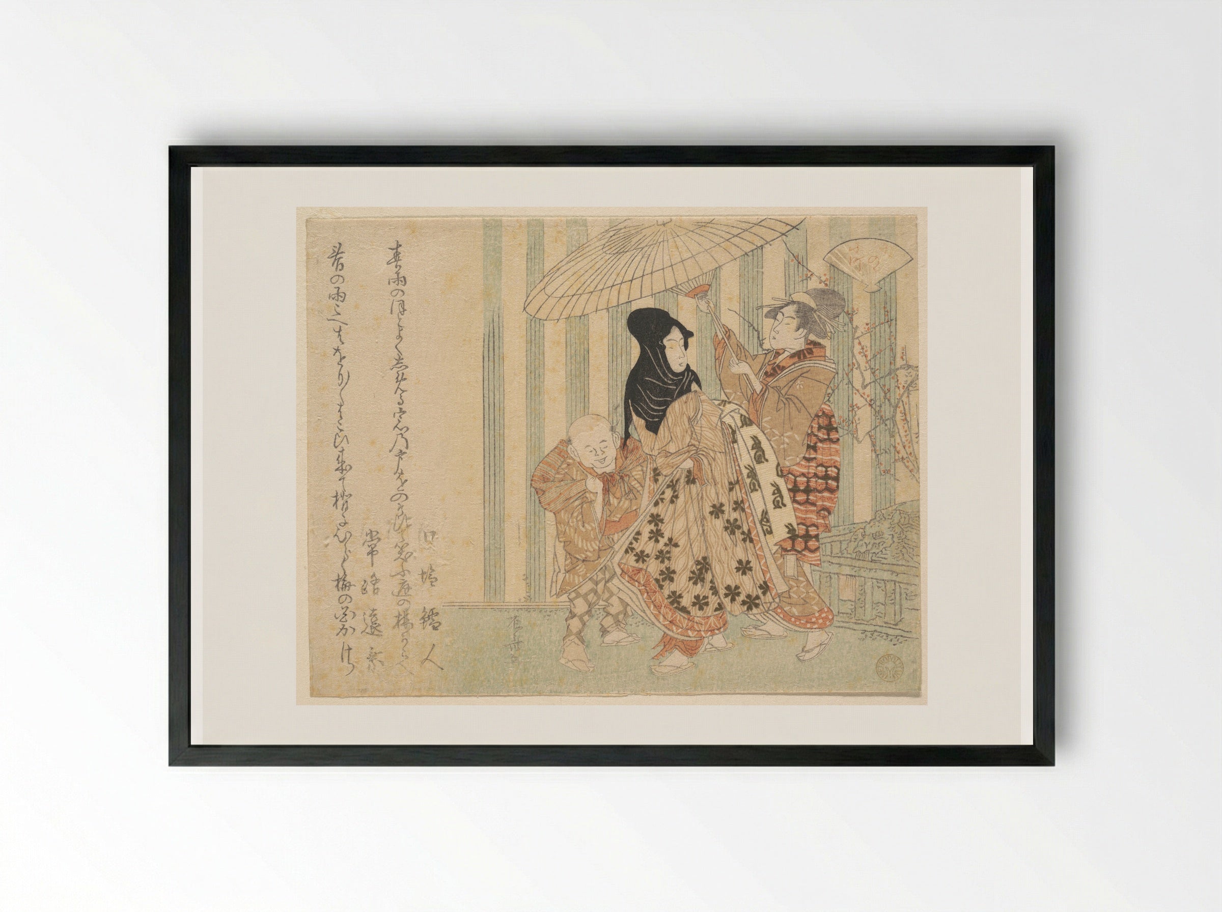 Courtesan with Attendants, Boy and Maid, in the Rain Under an Umbrella - Ryūryūkyo Shinsai - Framed Print Black