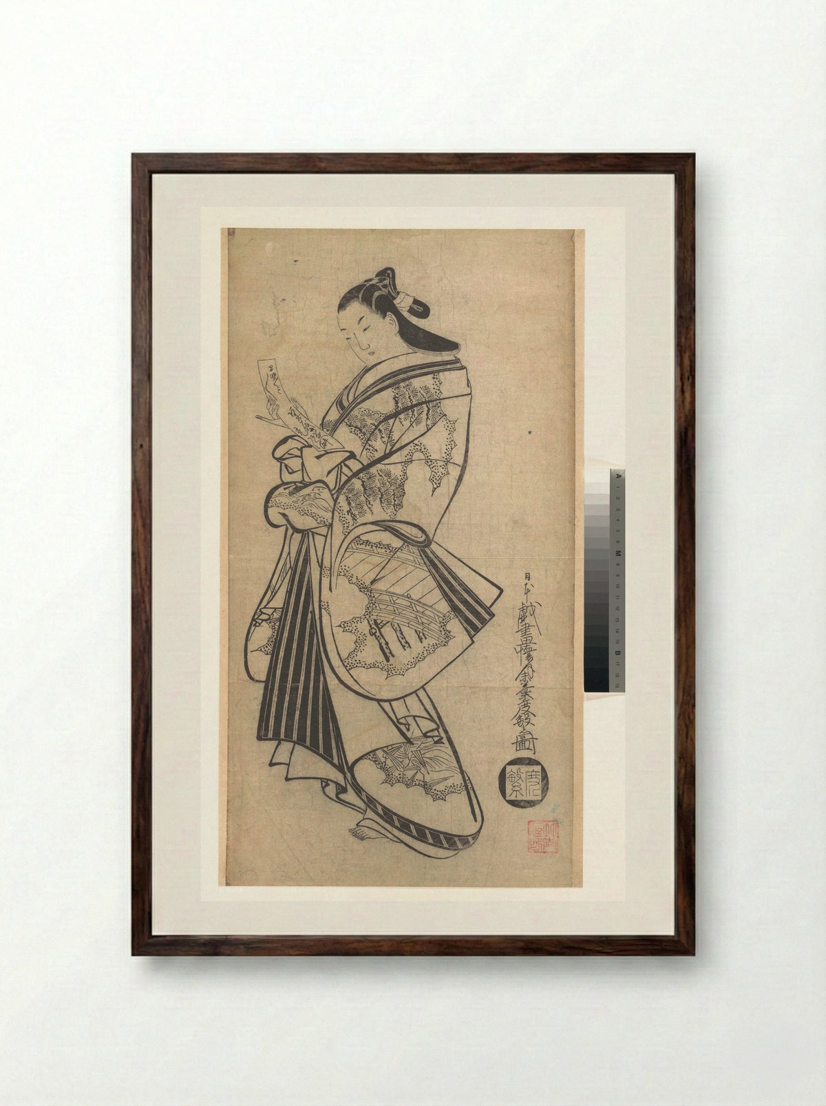 Courtesan with Poetry Card (Tanzaku) at the New Year - Kaigetsudō Dohan - Framed Print Dark Wood
