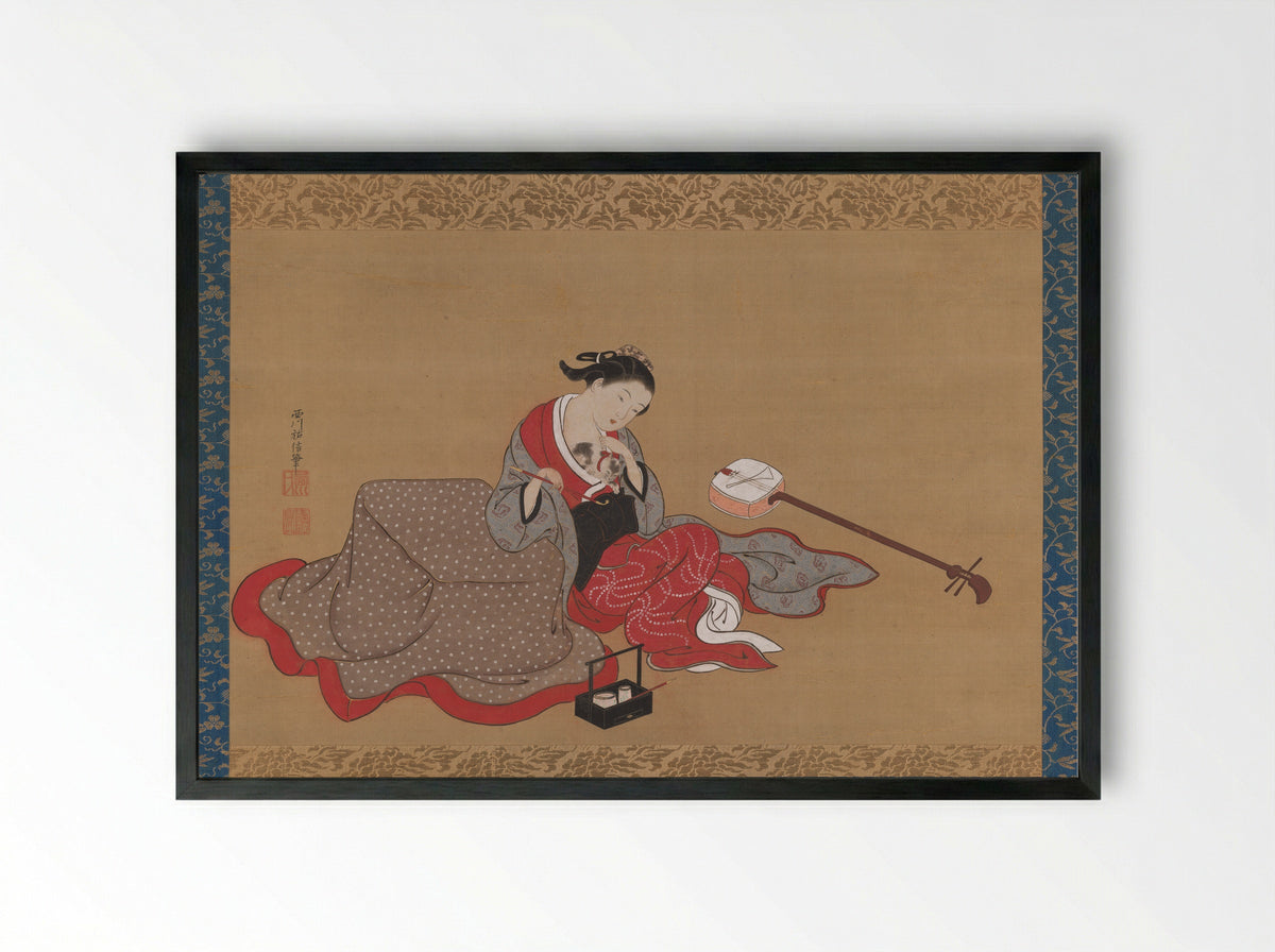Courtesan with a Kitten - Nishikawa Sukenobu - Framed Print Black