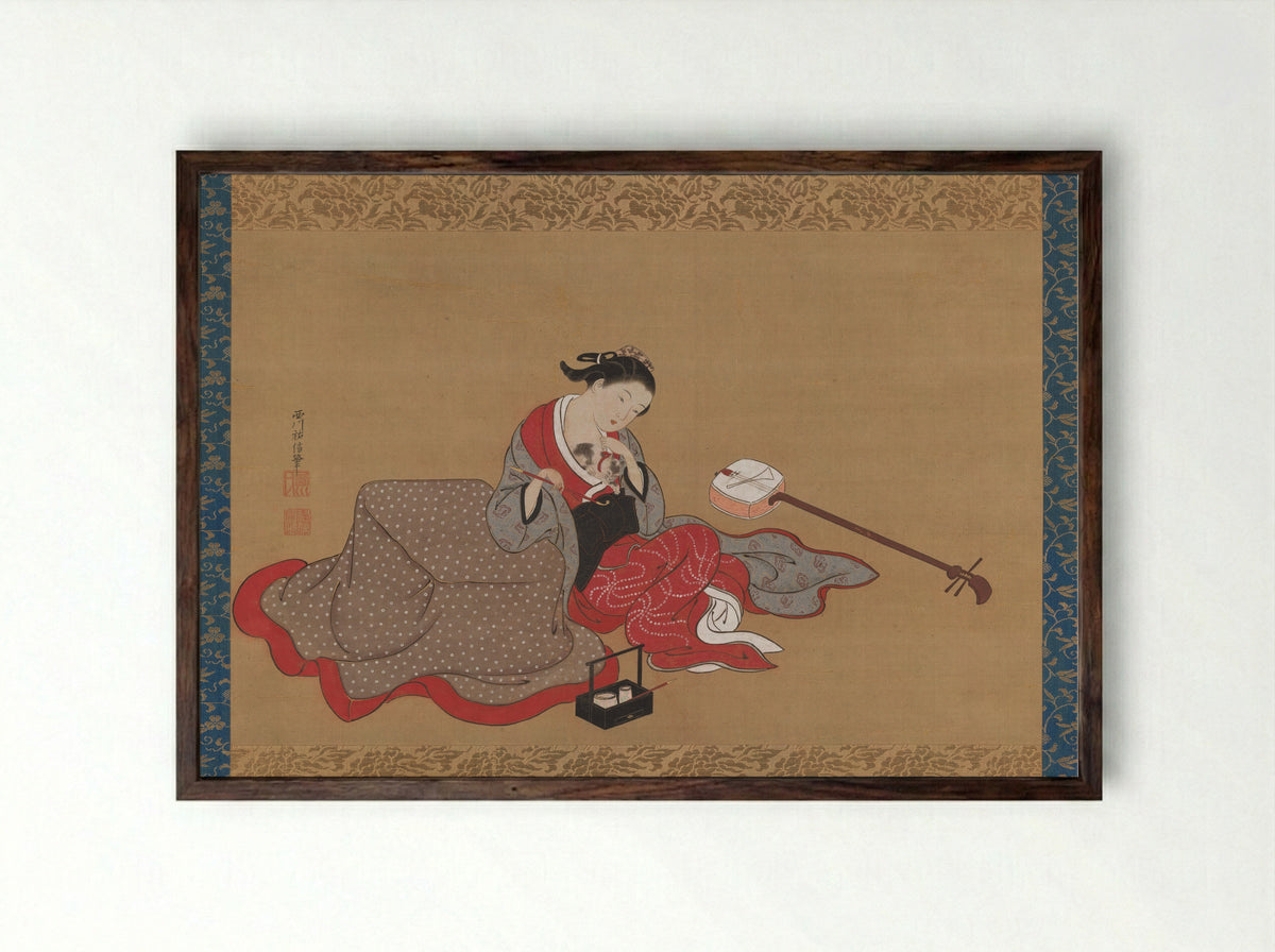 Courtesan with a Kitten - Nishikawa Sukenobu - Framed Print Dark Wood