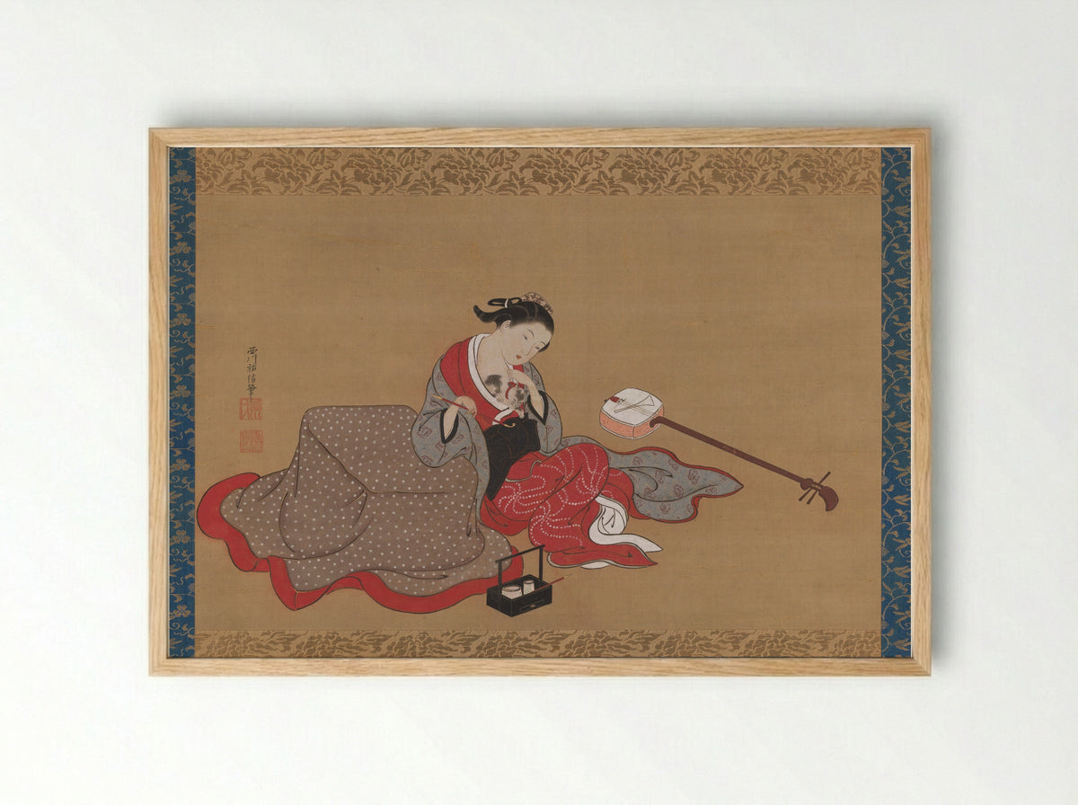 Courtesan with a Kitten - Nishikawa Sukenobu - Framed Print Wood