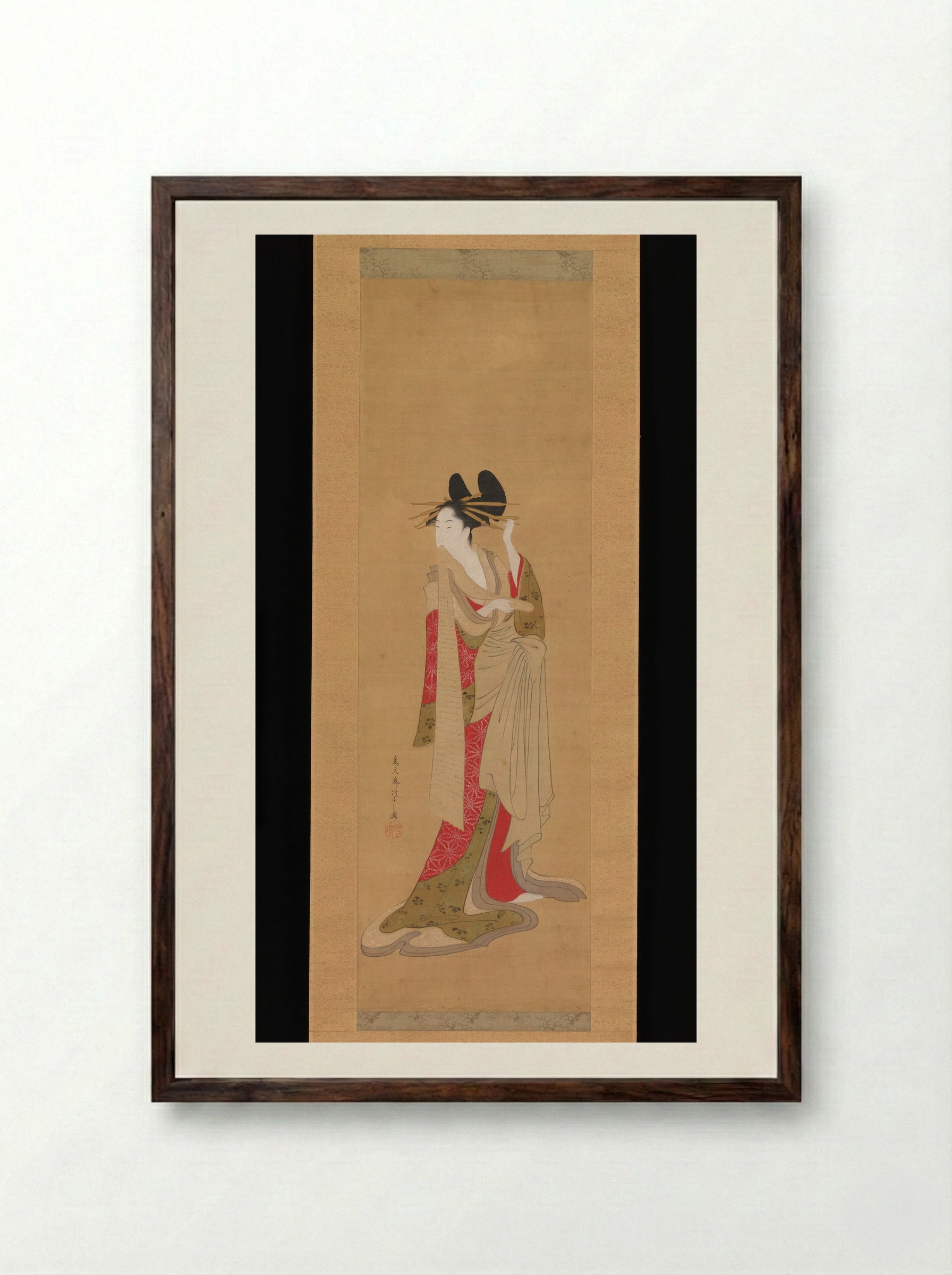 Courtesan with a Letter in Her Mouth - Chōbunsai Eishi - Framed Print Dark Wood