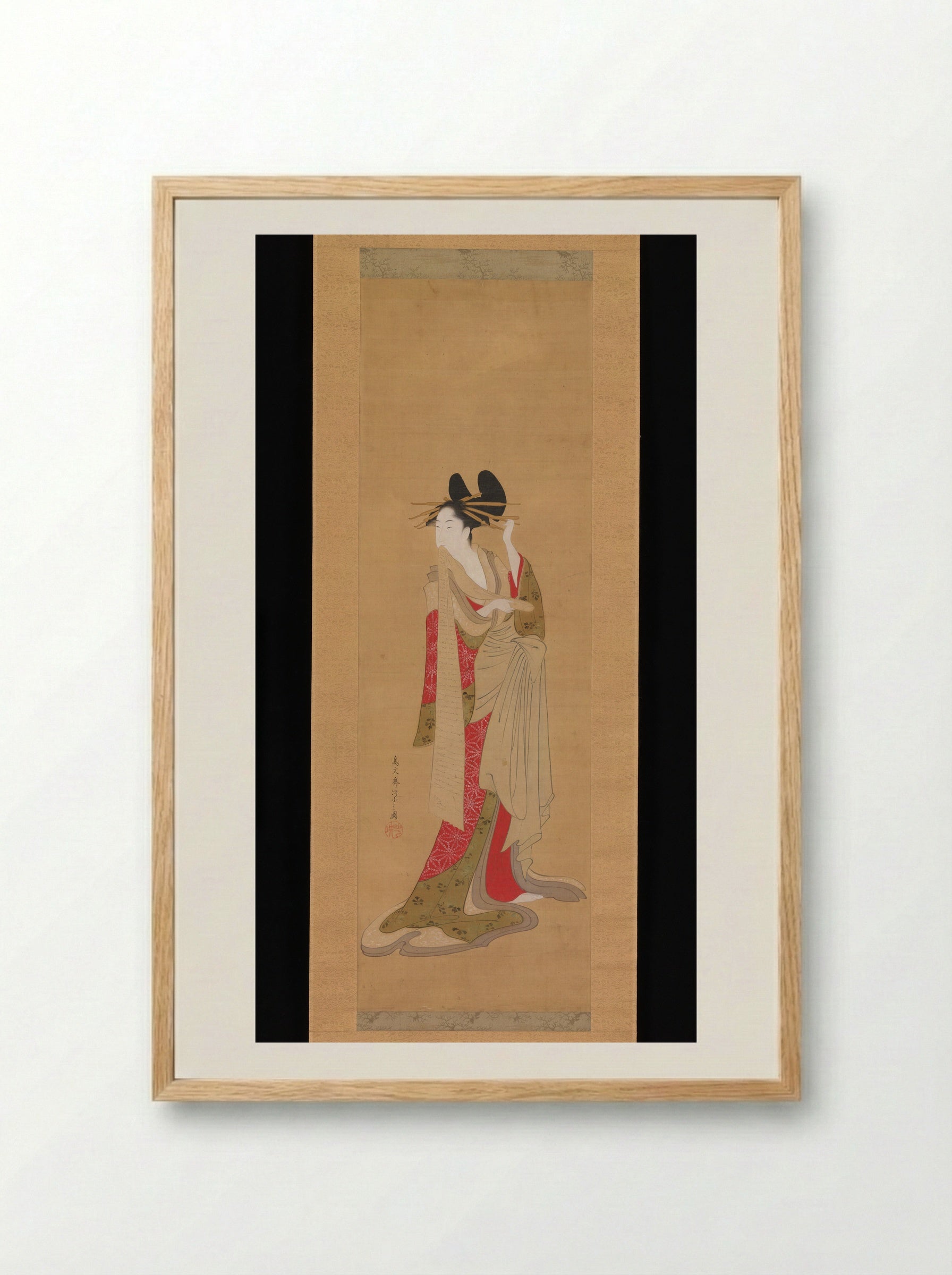 Courtesan with a Letter in Her Mouth - Chōbunsai Eishi - Framed Print Wood