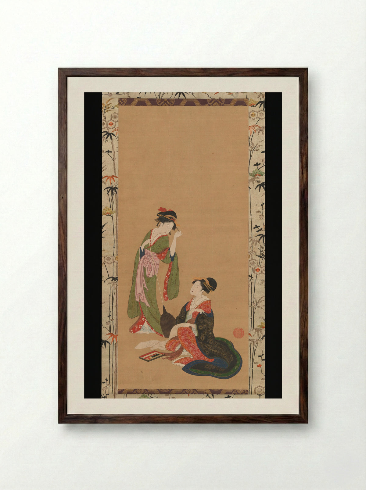 Courtesans Parodying Kanzan and Jittoku - Kinpūsha Toyomaro - Framed Print Dark Wood