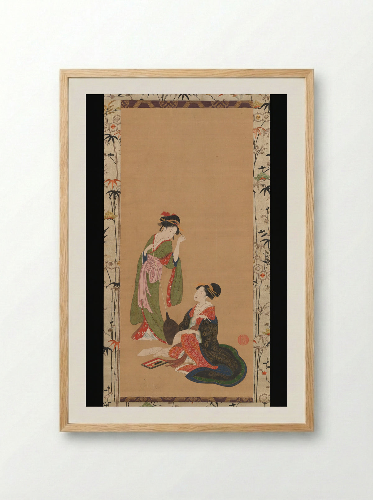 Courtesans Parodying Kanzan and Jittoku - Kinpūsha Toyomaro - Framed Print Wood