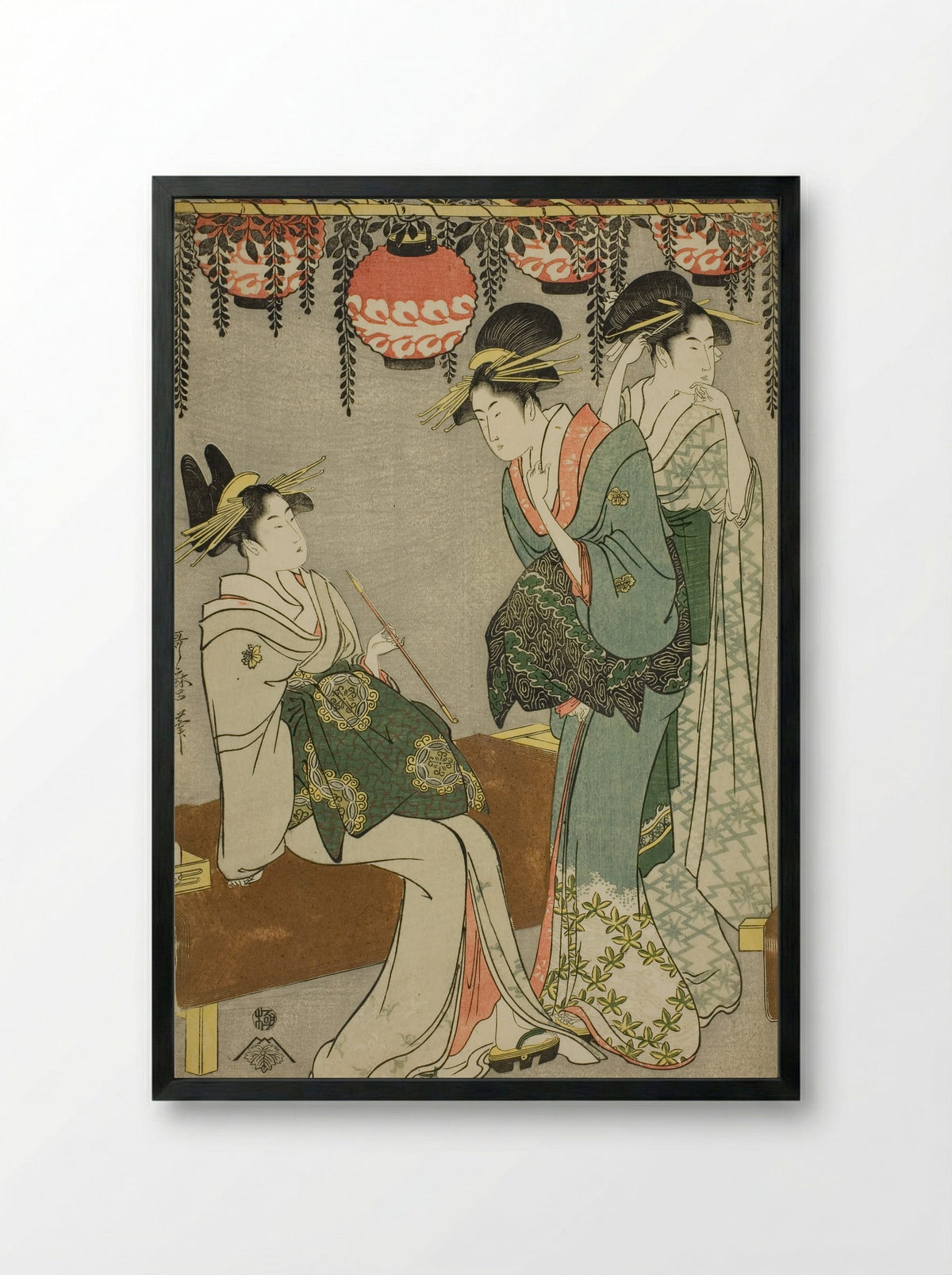 Courtesans beneath Wisteria Arbor - Kitagawa Utamaro - Framed Print Black