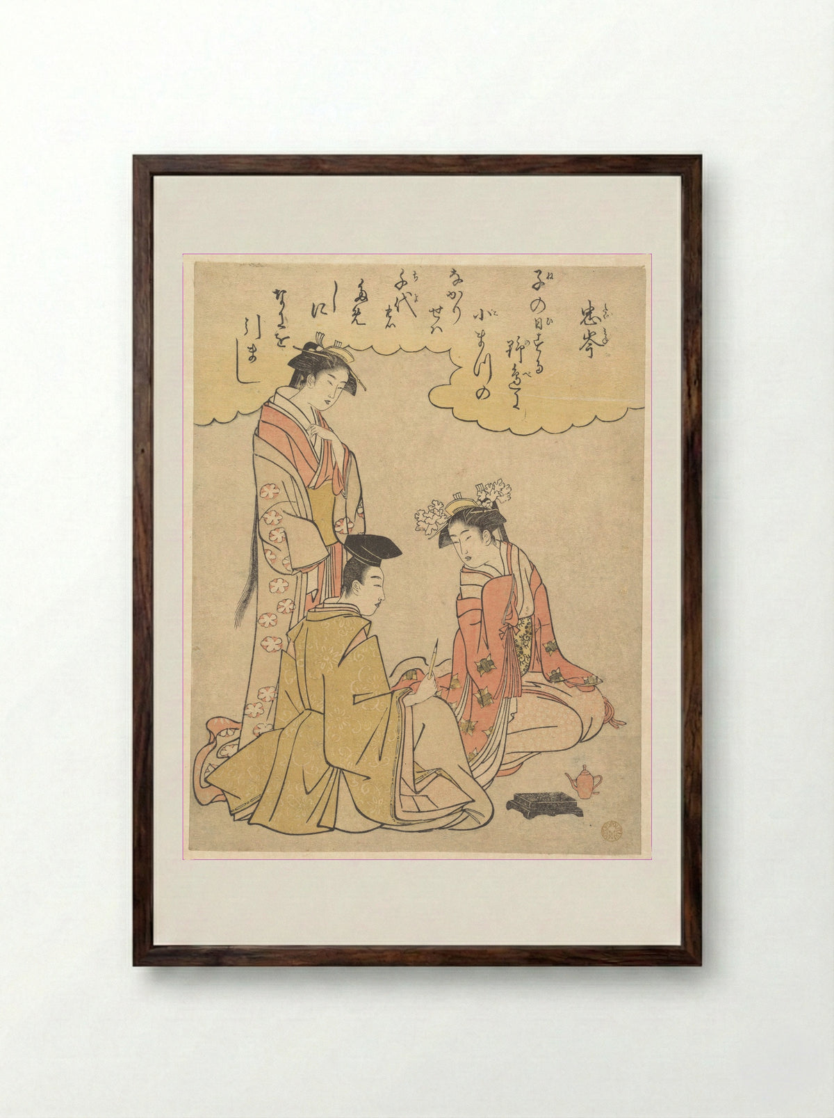 Courtier and Two Ladies of the Court, with a Poem by Mibu no Tadamine - Rekisentei Eiri - Framed Print Dark Wood