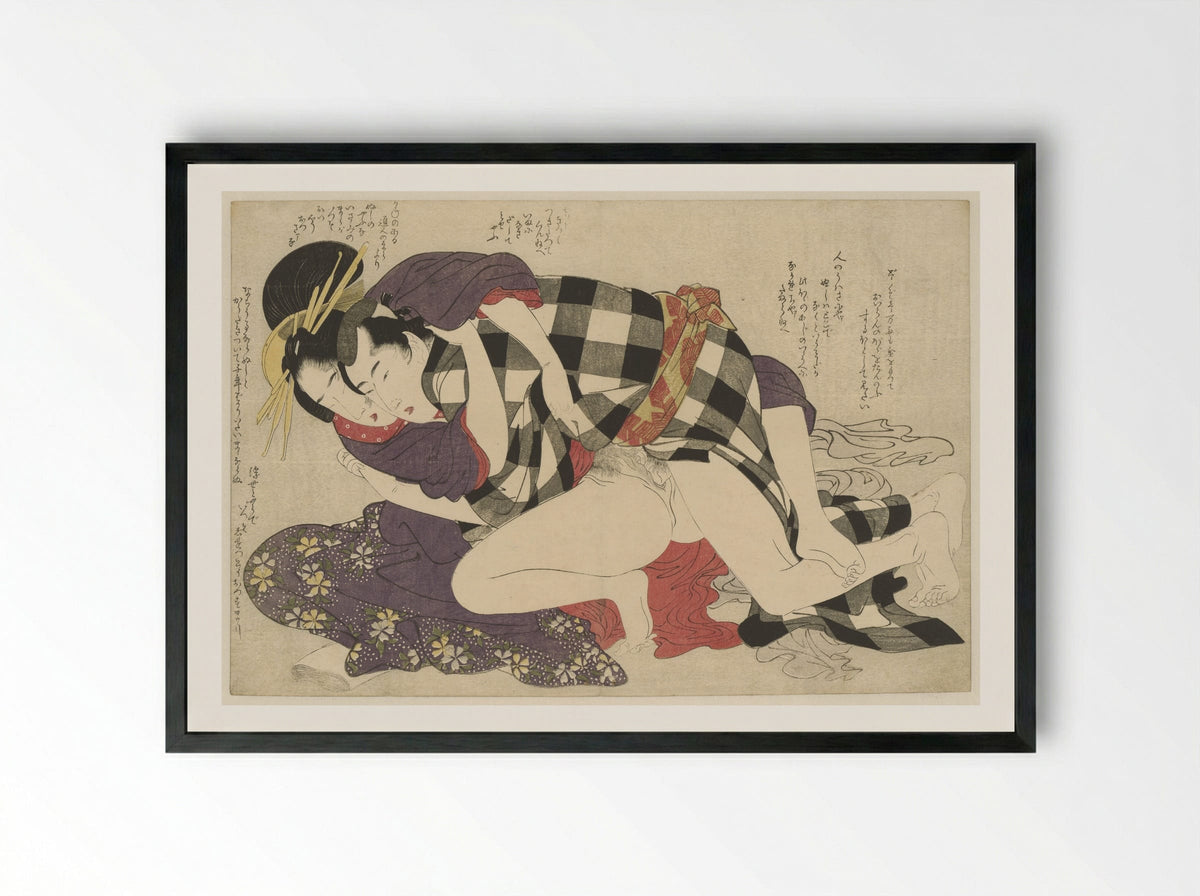 Courtisane met een klant - Kitagawa Utamaro - Framed Print Black