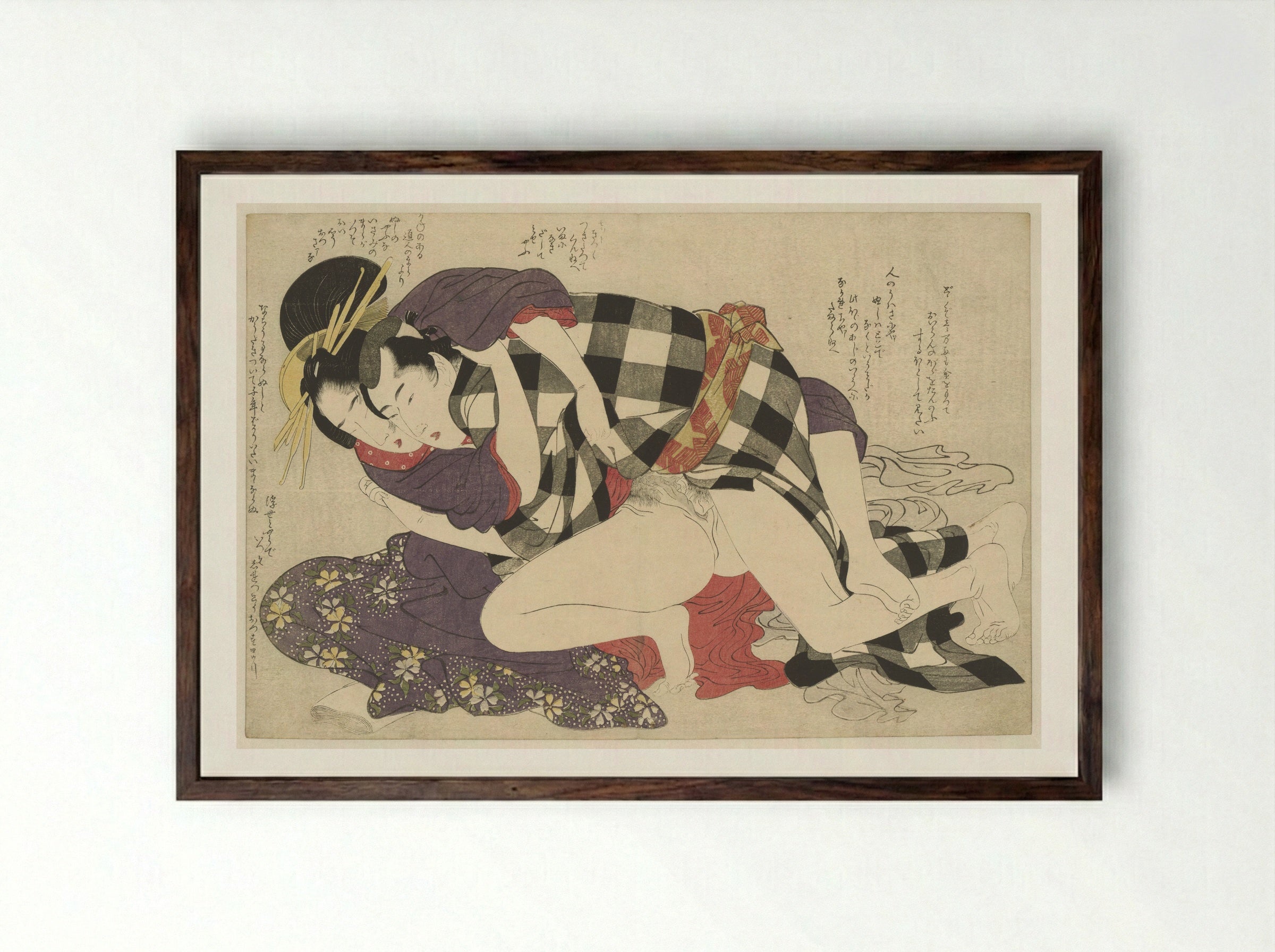 Courtisane met een klant - Kitagawa Utamaro - Framed Print Dark Wood