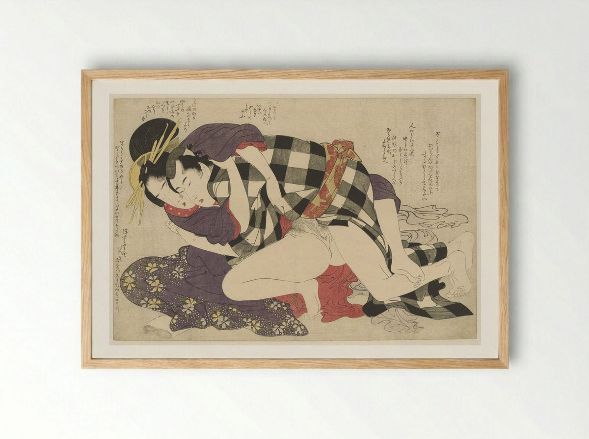 Courtisane met een klant - Kitagawa Utamaro - Framed Print Wood
